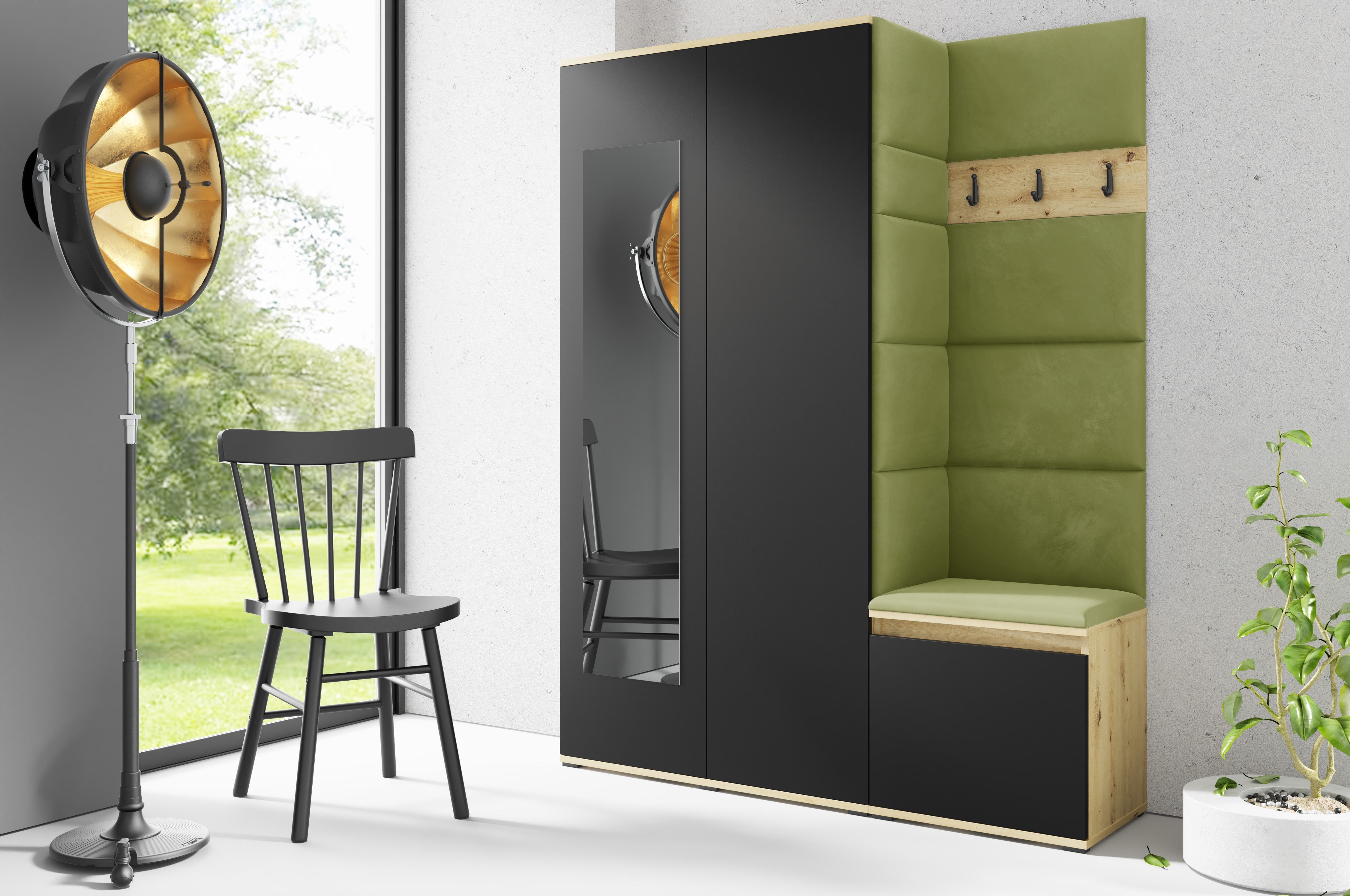 PK Emi 11 Hallway Wardrobe Artisan Oak / Black - Upholstered Panels in Various Colours