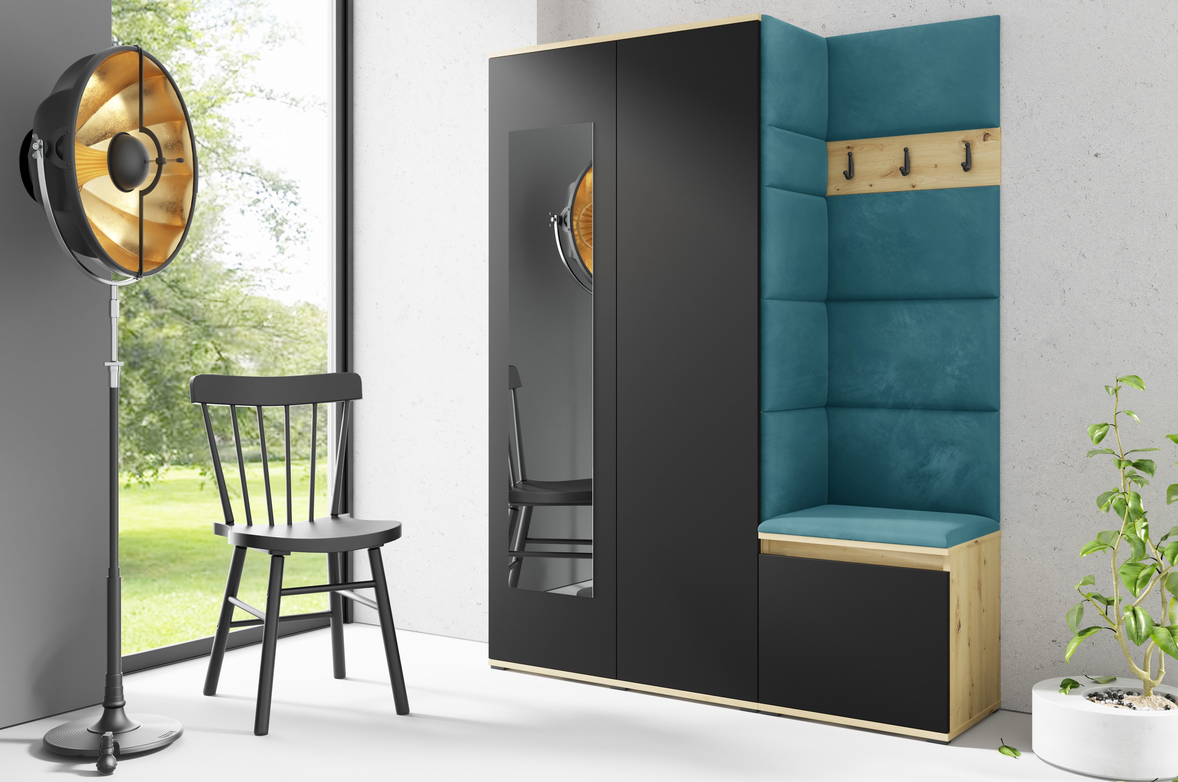 PK Emi 11 Hallway Wardrobe Artisan Oak / Black - Upholstered Panels in Various Colours
