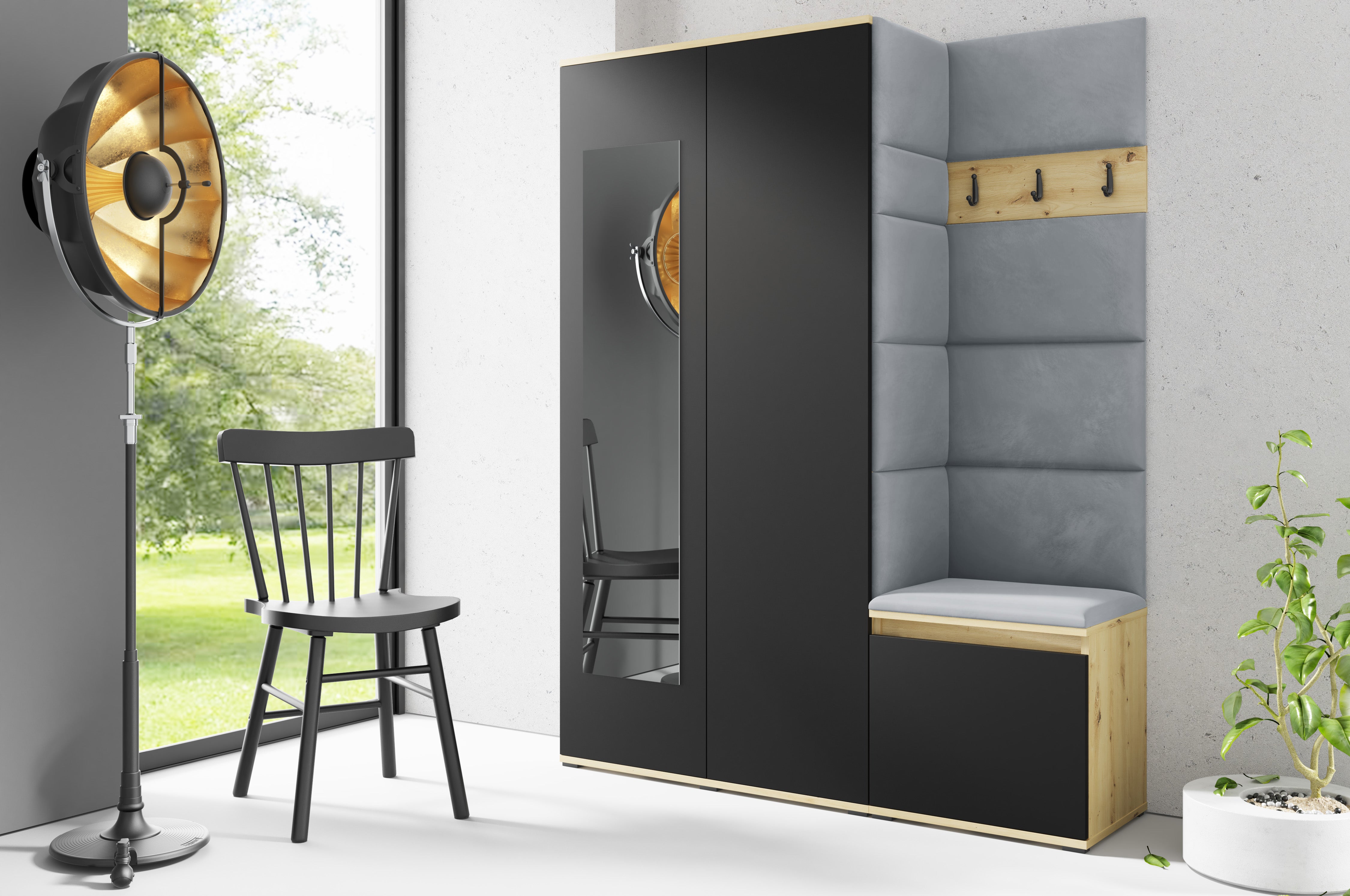 PK Emi 11 Hallway Wardrobe Artisan Oak / Black - Upholstered Panels in Various Colours