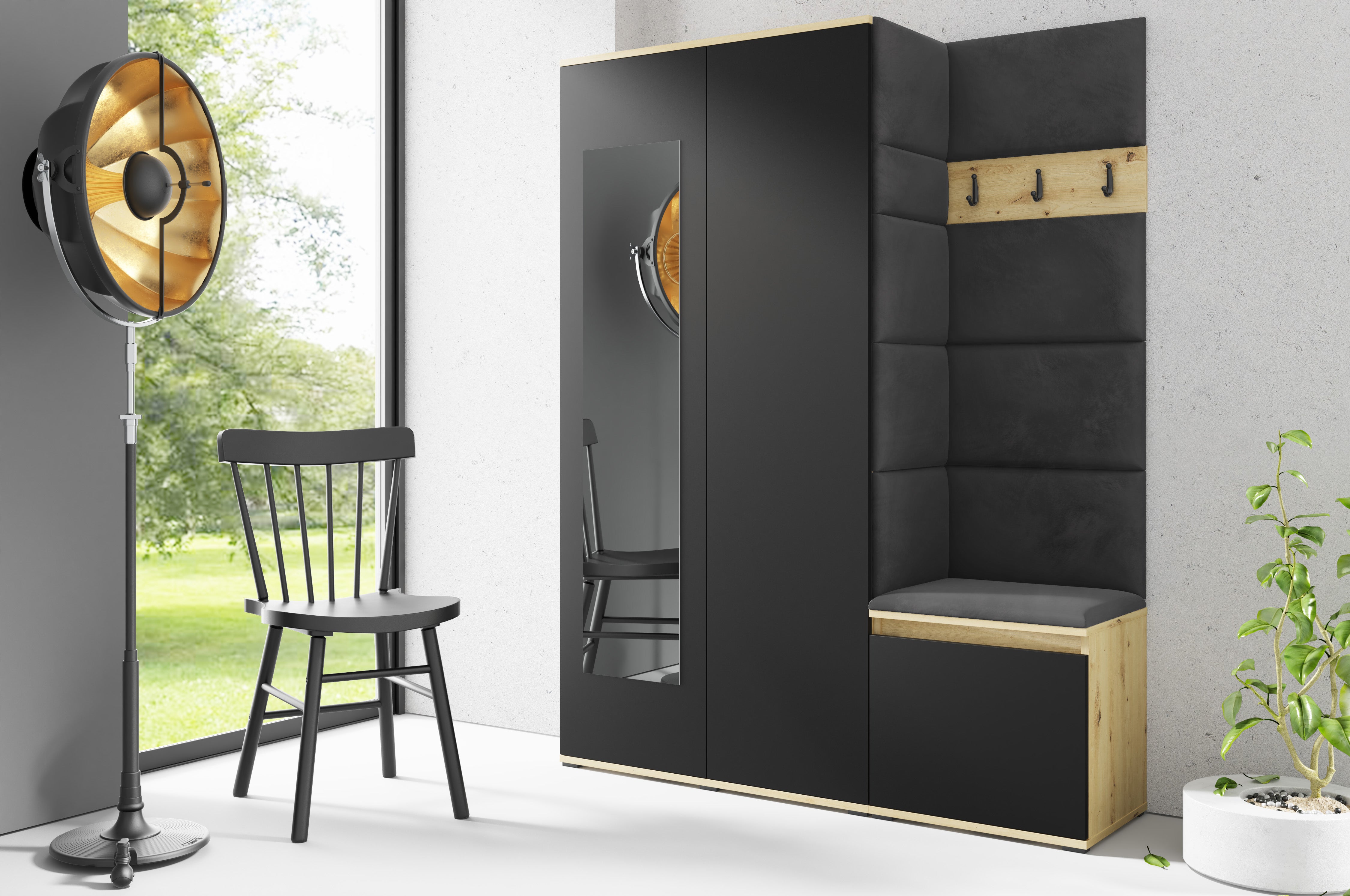 PK Emi 11 Hallway Wardrobe Artisan Oak / Black - Upholstered Panels in Various Colours