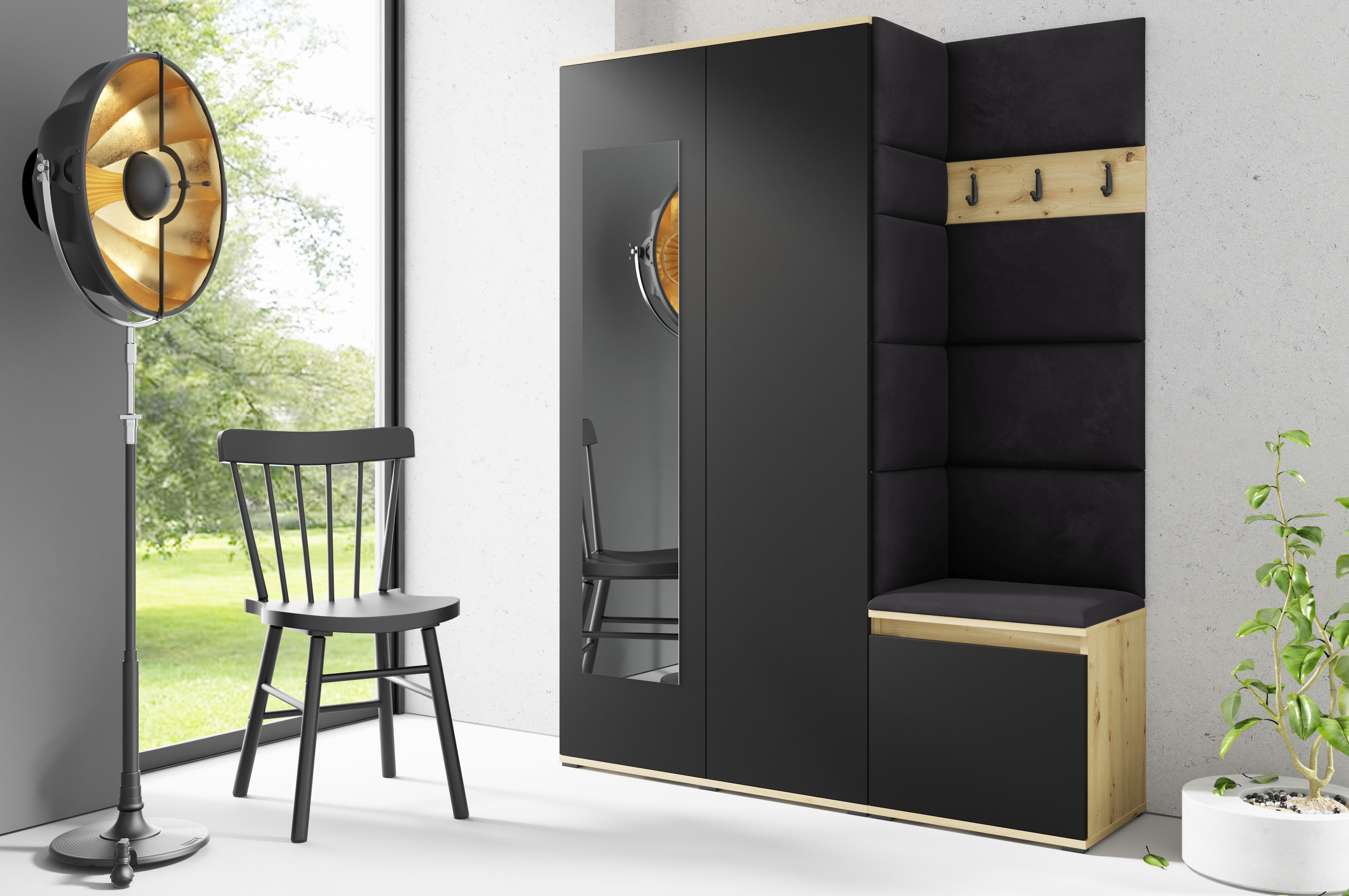 PK Emi 11 Hallway Wardrobe Artisan Oak / Black - Upholstered Panels in Various Colours