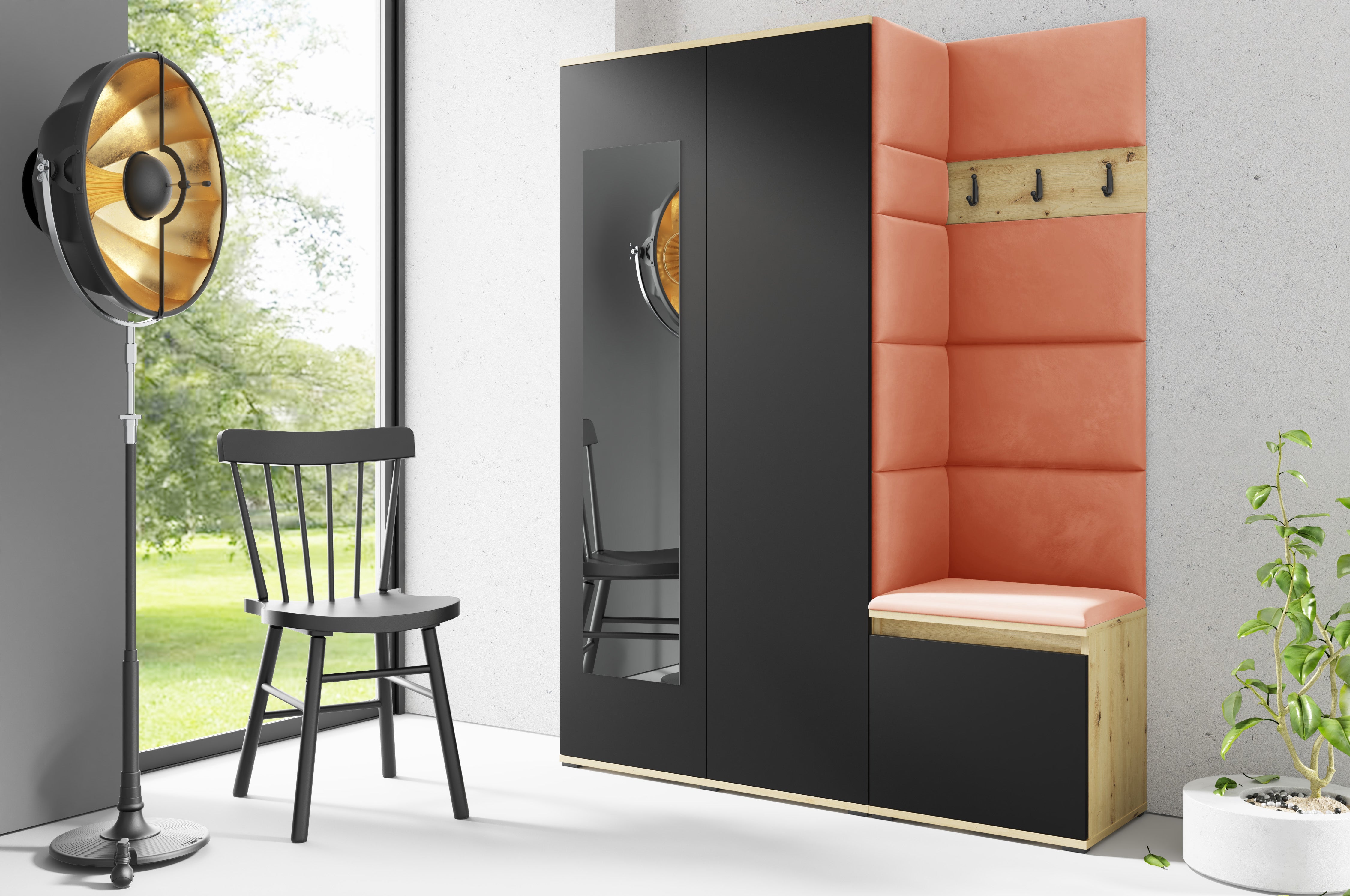 PK Emi 11 Hallway Wardrobe Artisan Oak / Black - Upholstered Panels in Various Colours