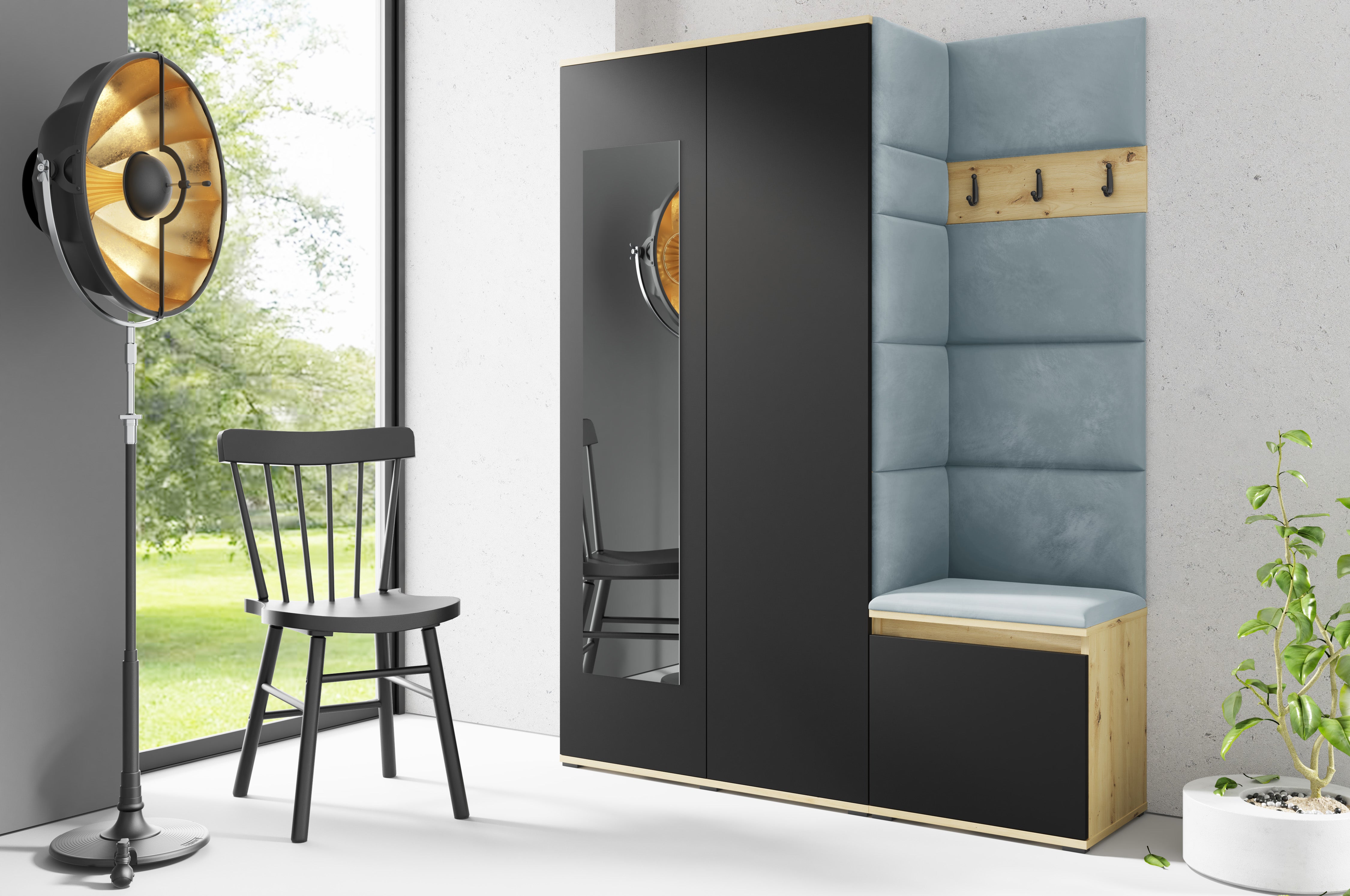 PK Emi 11 Hallway Wardrobe Artisan Oak / Black - Upholstered Panels in Various Colours