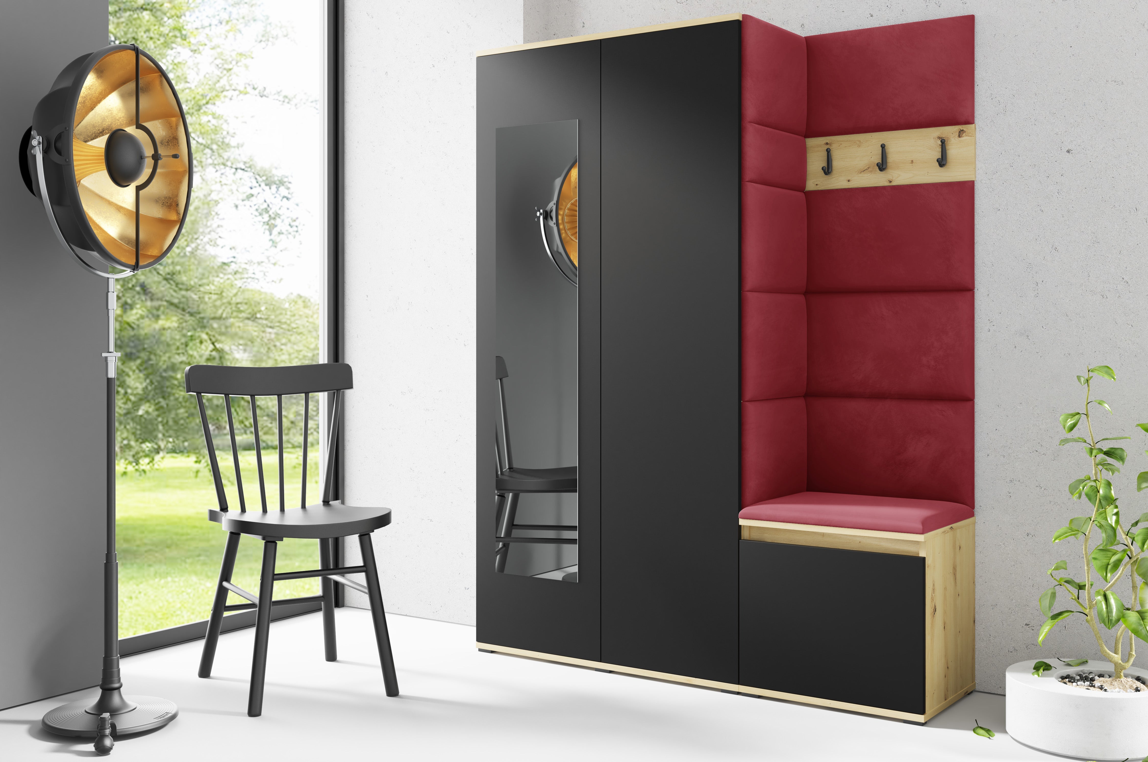 PK Emi 11 Hallway Wardrobe Artisan Oak / Black - Upholstered Panels in Various Colours
