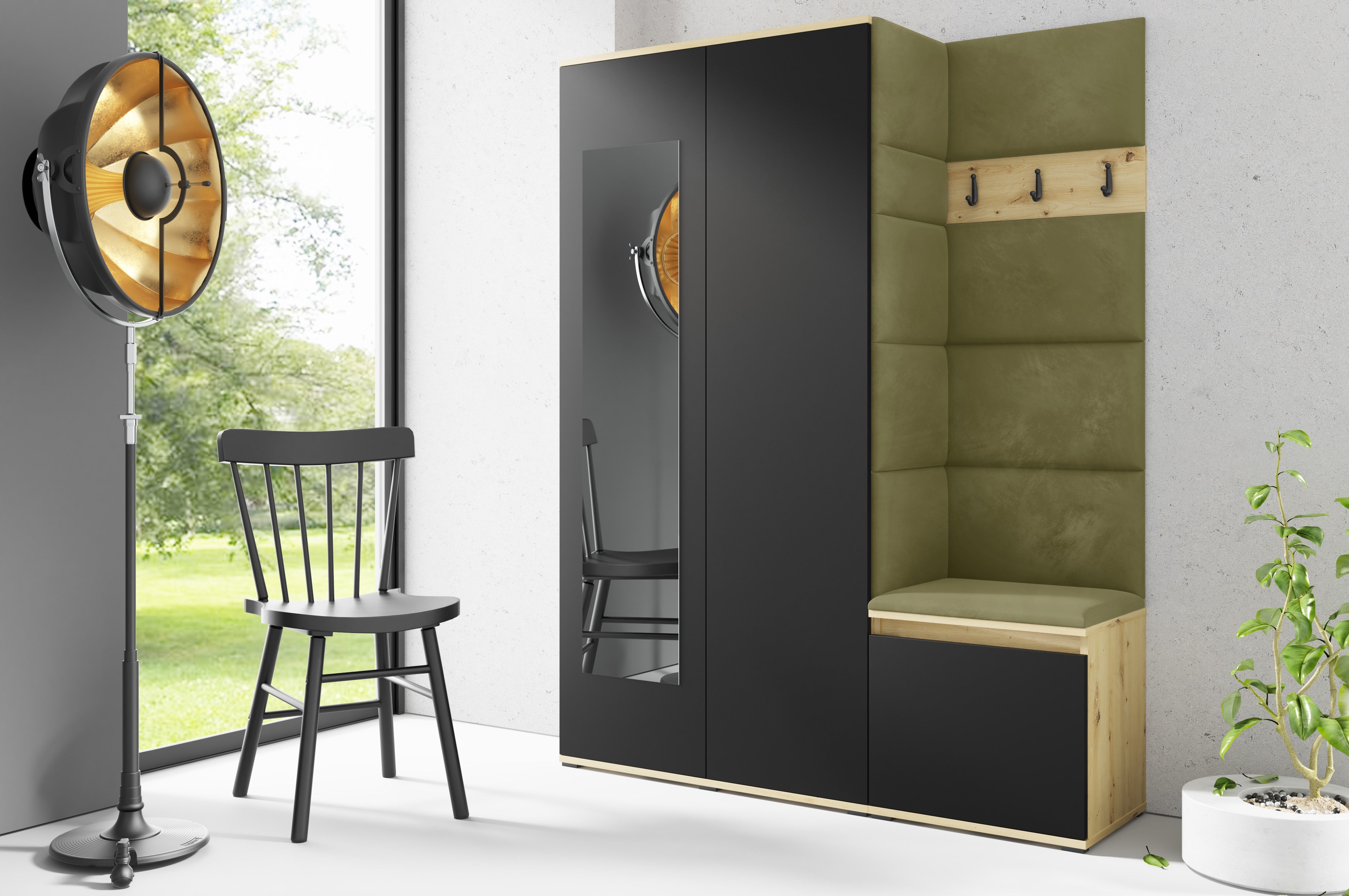 PK Emi 11 Hallway Wardrobe Artisan Oak / Black - Upholstered Panels in Various Colours