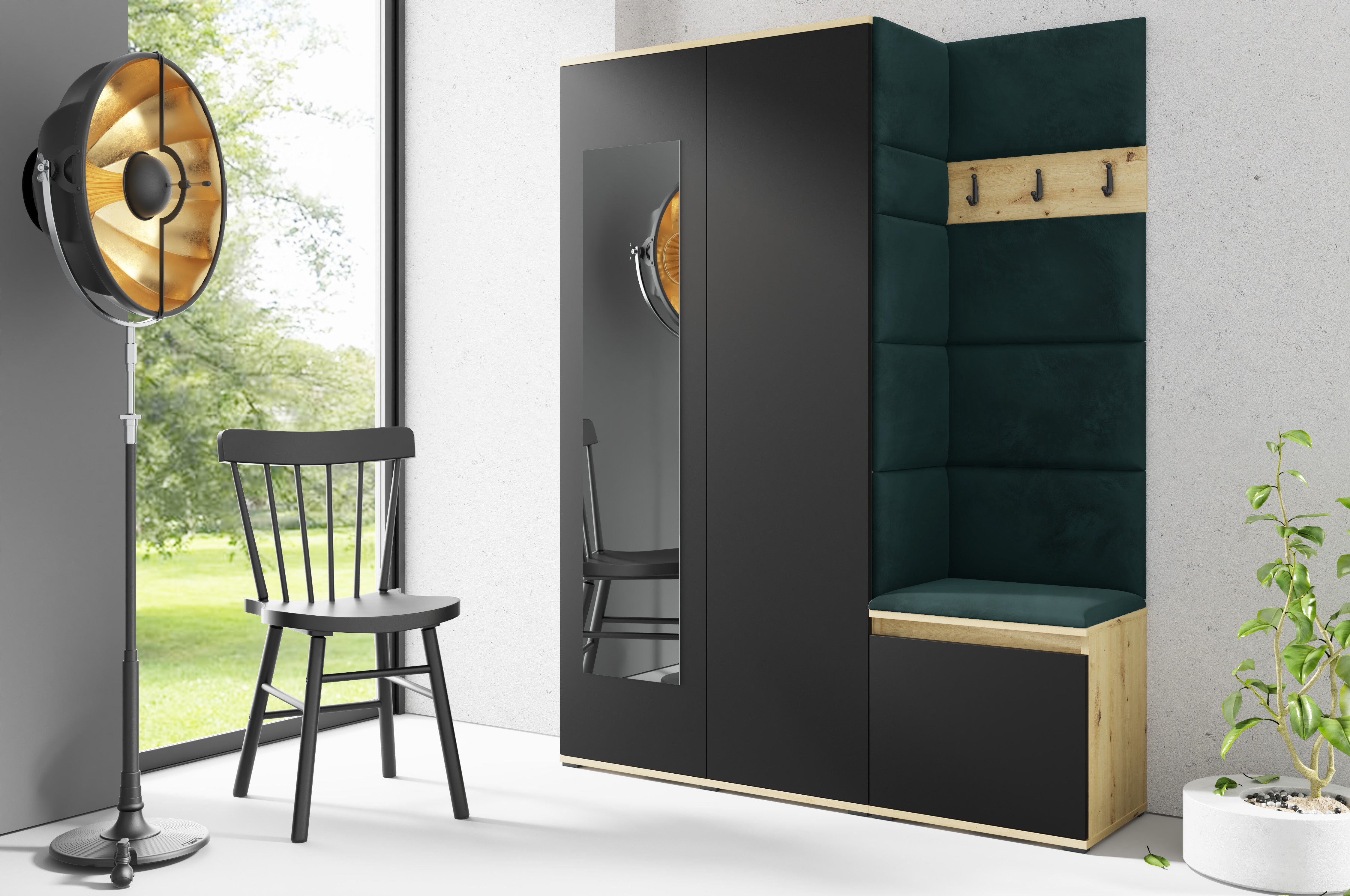 PK Emi 11 Hallway Wardrobe Artisan Oak / Black - Upholstered Panels in Various Colours