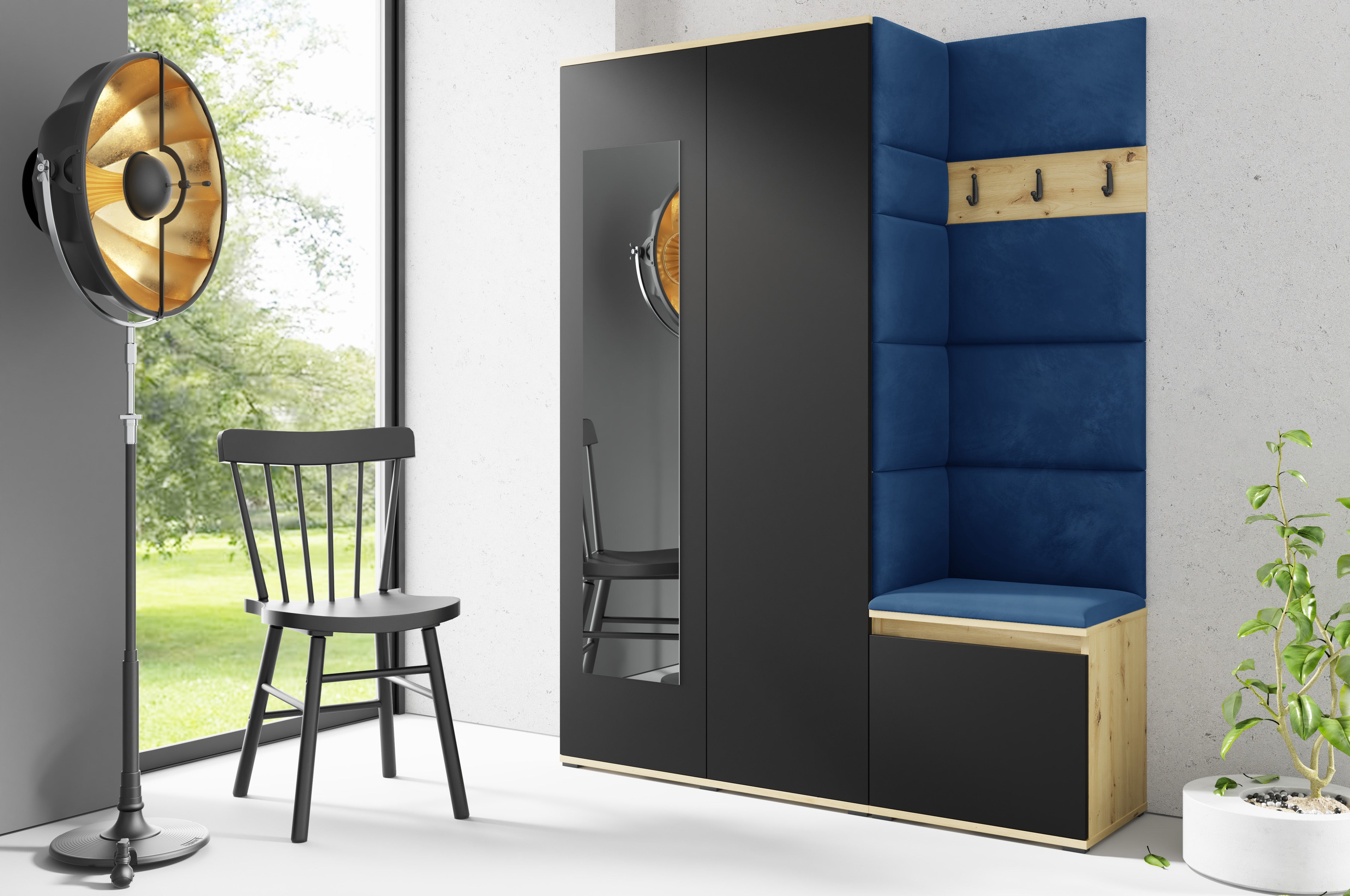 PK Emi 11 Hallway Wardrobe Artisan Oak / Black - Upholstered Panels in Various Colours
