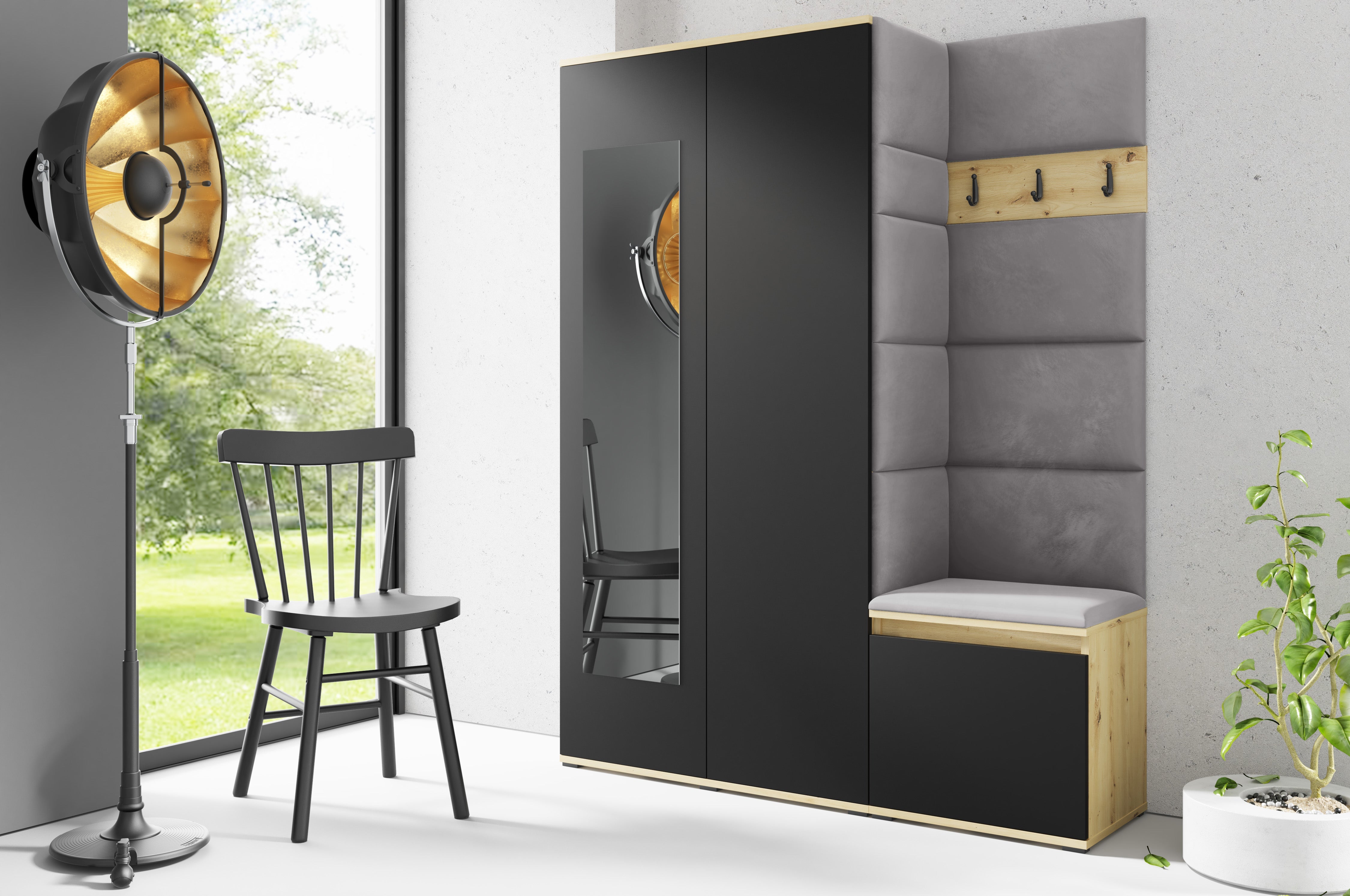 PK Emi 11 Hallway Wardrobe Artisan Oak / Black - Upholstered Panels in Various Colours