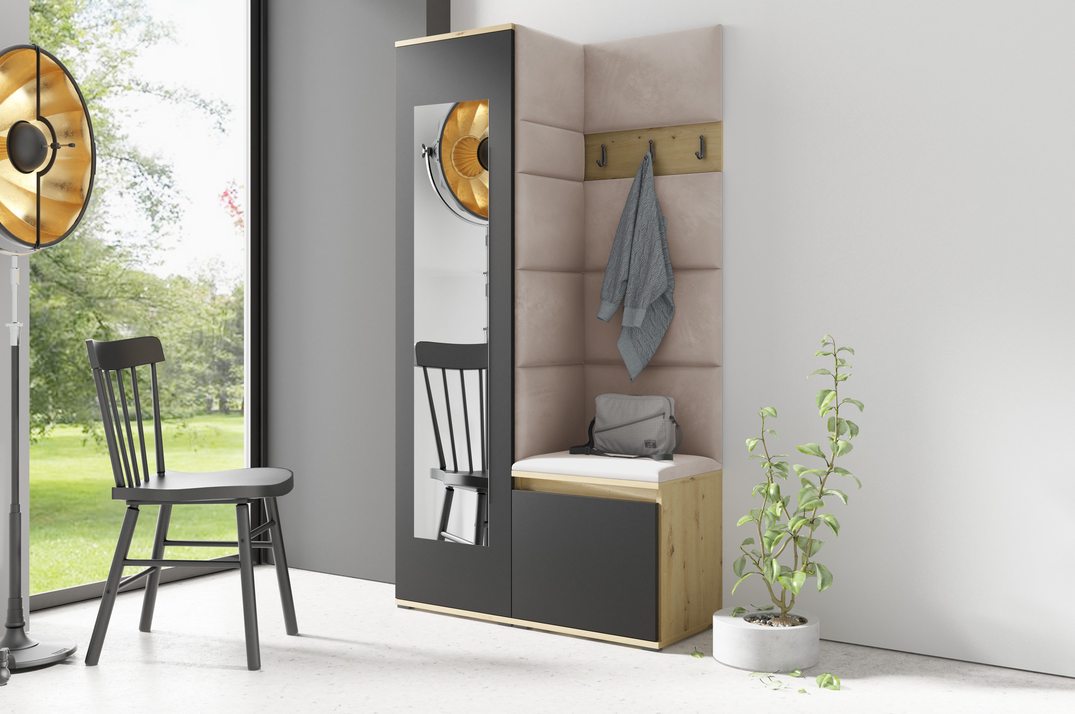 PK Emi 13 Hallway Wardrobe Artisan Oak / Black - Upholstered Panels in Various Colours