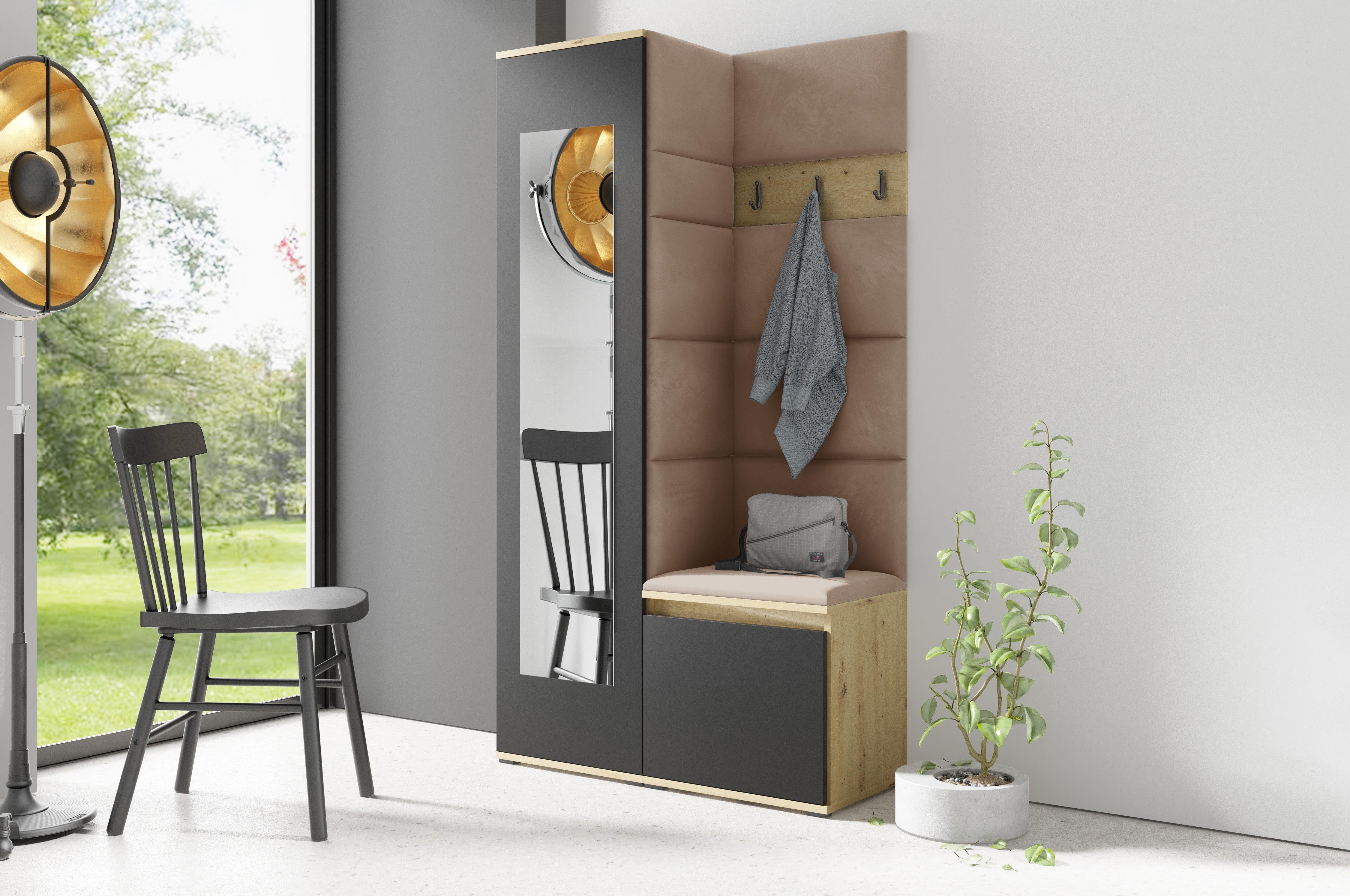 PK Emi 13 Hallway Wardrobe Artisan Oak / Black - Upholstered Panels in Various Colours
