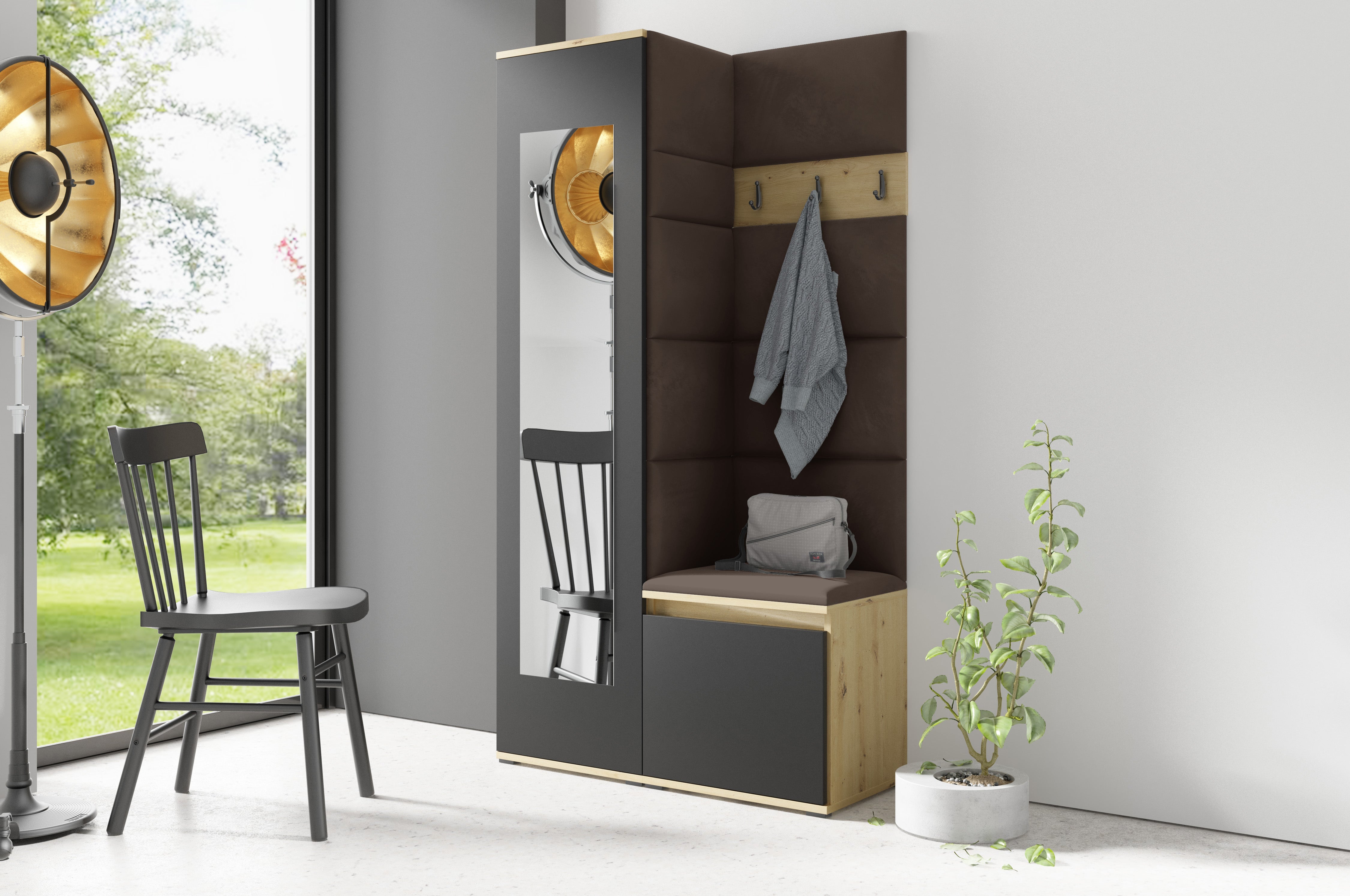 PK Emi 13 Hallway Wardrobe Artisan Oak / Black - Upholstered Panels in Various Colours