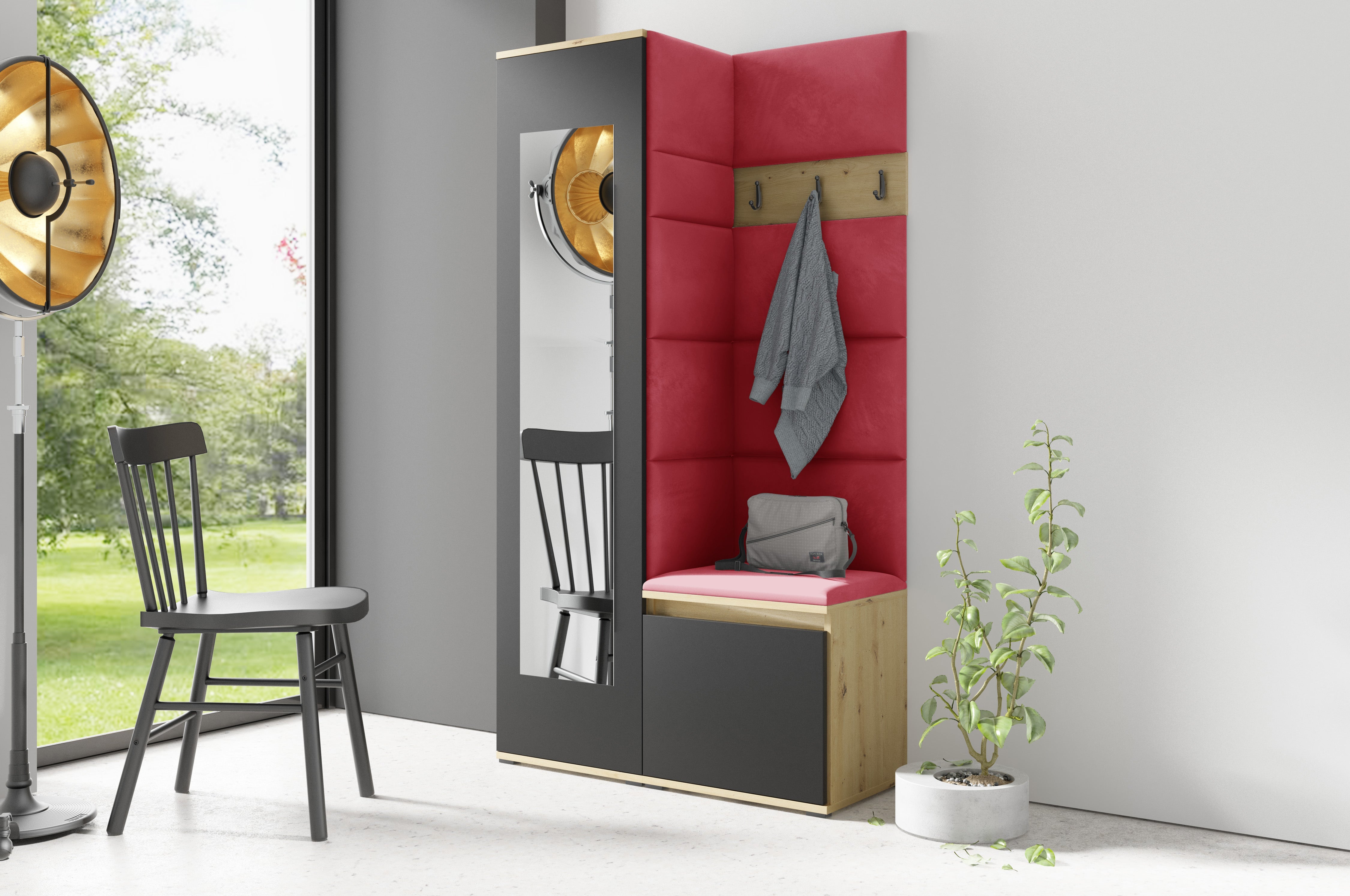 PK Emi 13 Hallway Wardrobe Artisan Oak / Black - Upholstered Panels in Various Colours