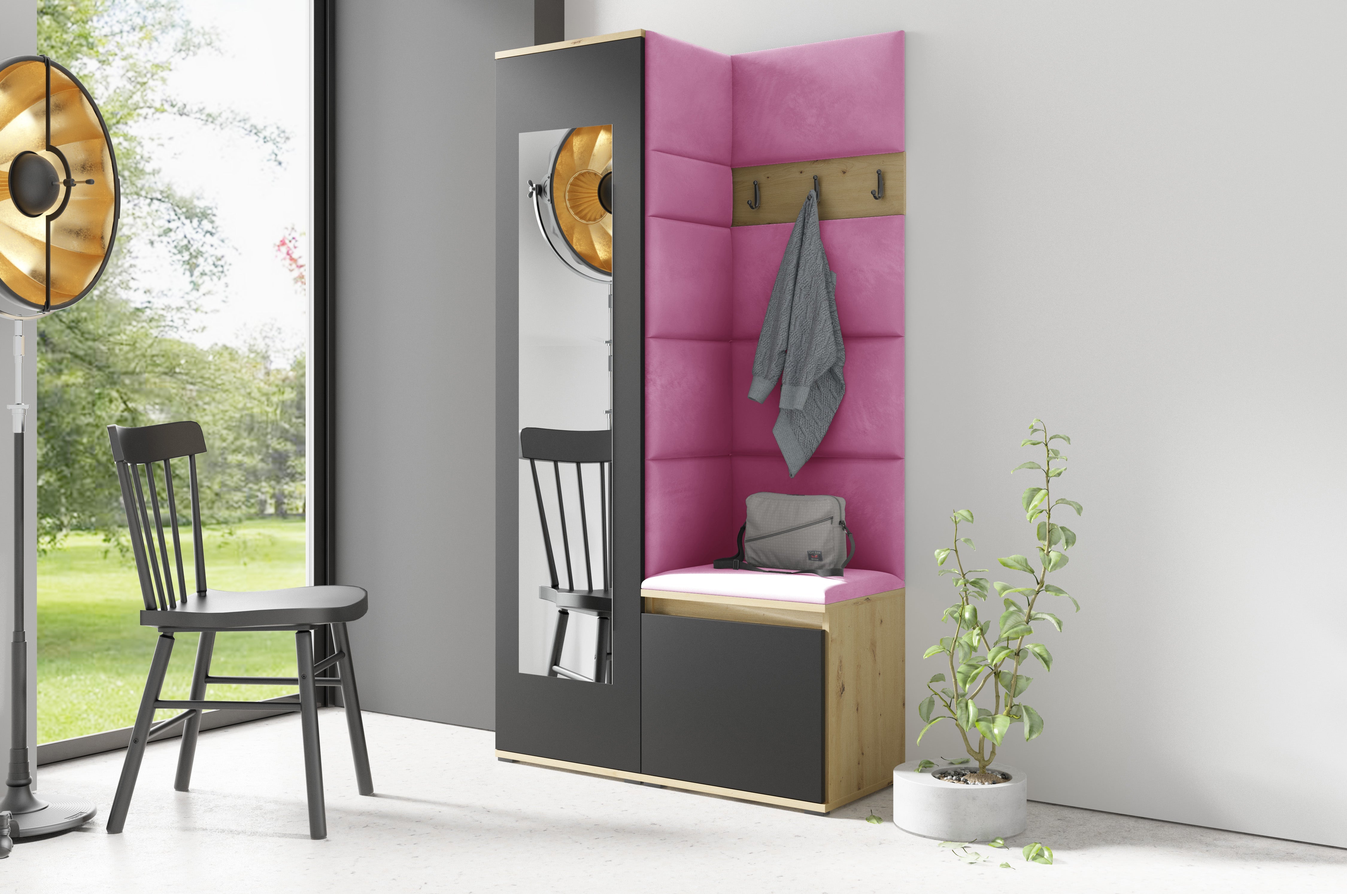 PK Emi 13 Hallway Wardrobe Artisan Oak / Black - Upholstered Panels in Various Colours