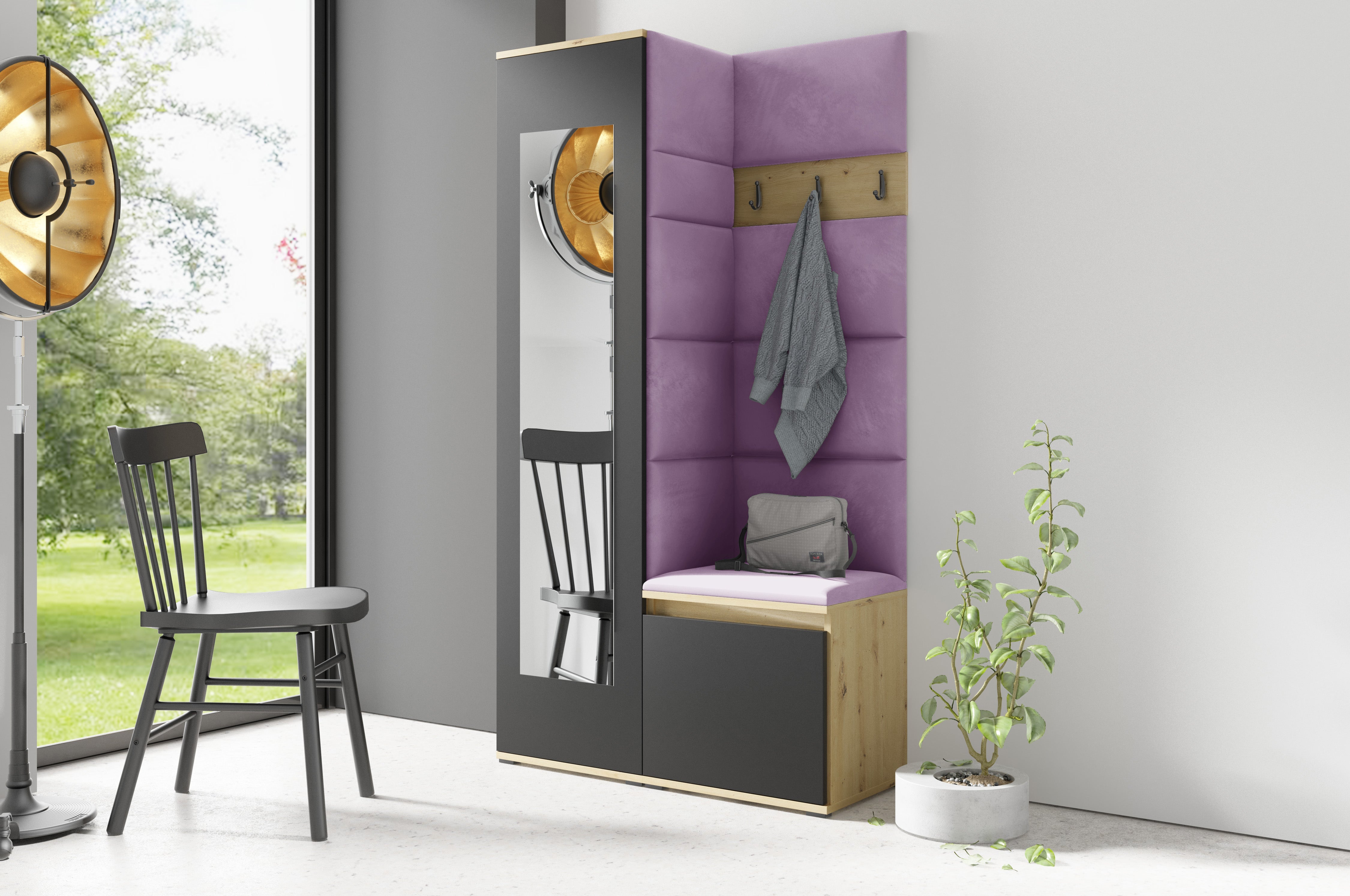 PK Emi 13 Hallway Wardrobe Artisan Oak / Black - Upholstered Panels in Various Colours