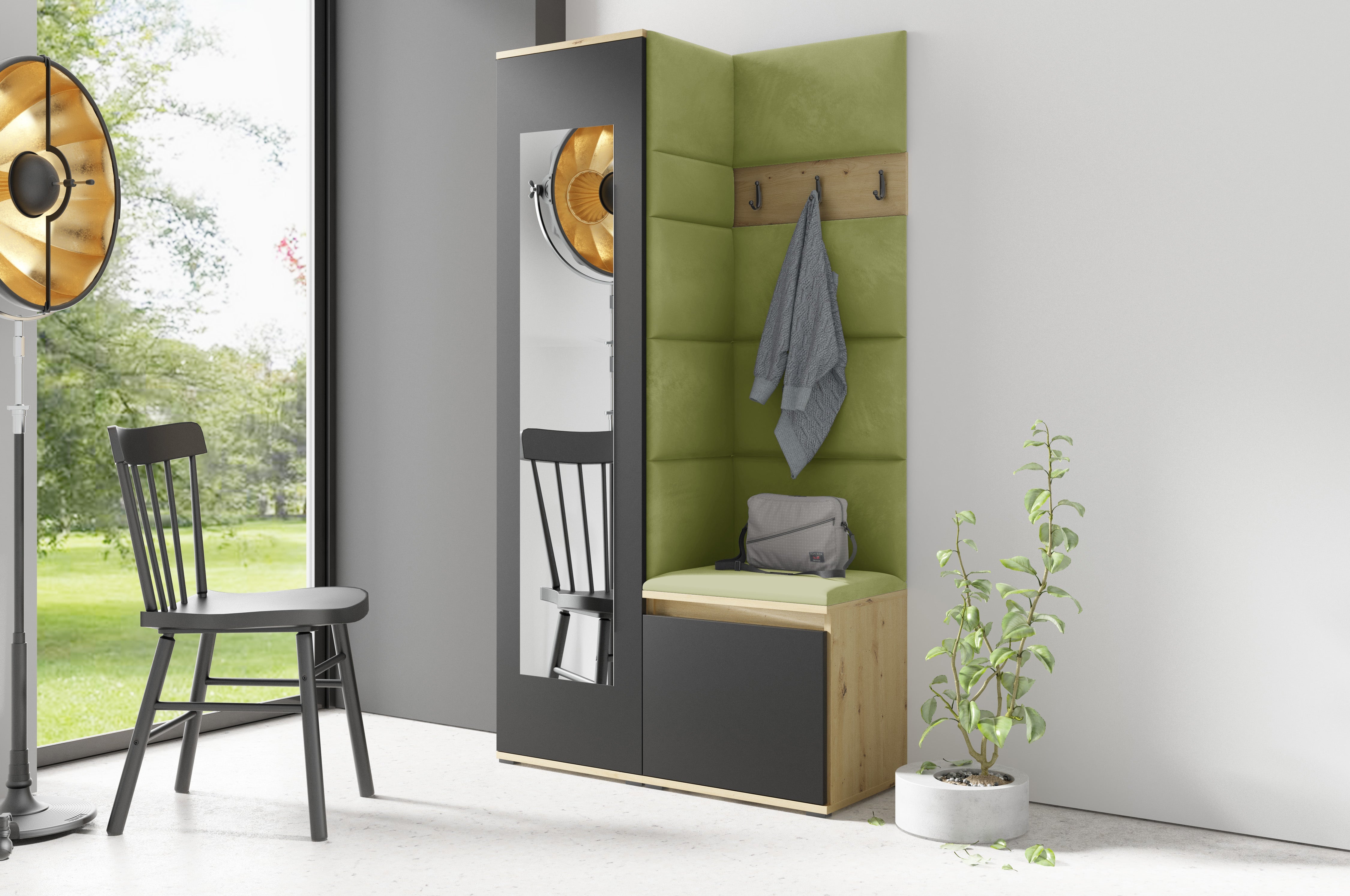 PK Emi 13 Hallway Wardrobe Artisan Oak / Black - Upholstered Panels in Various Colours