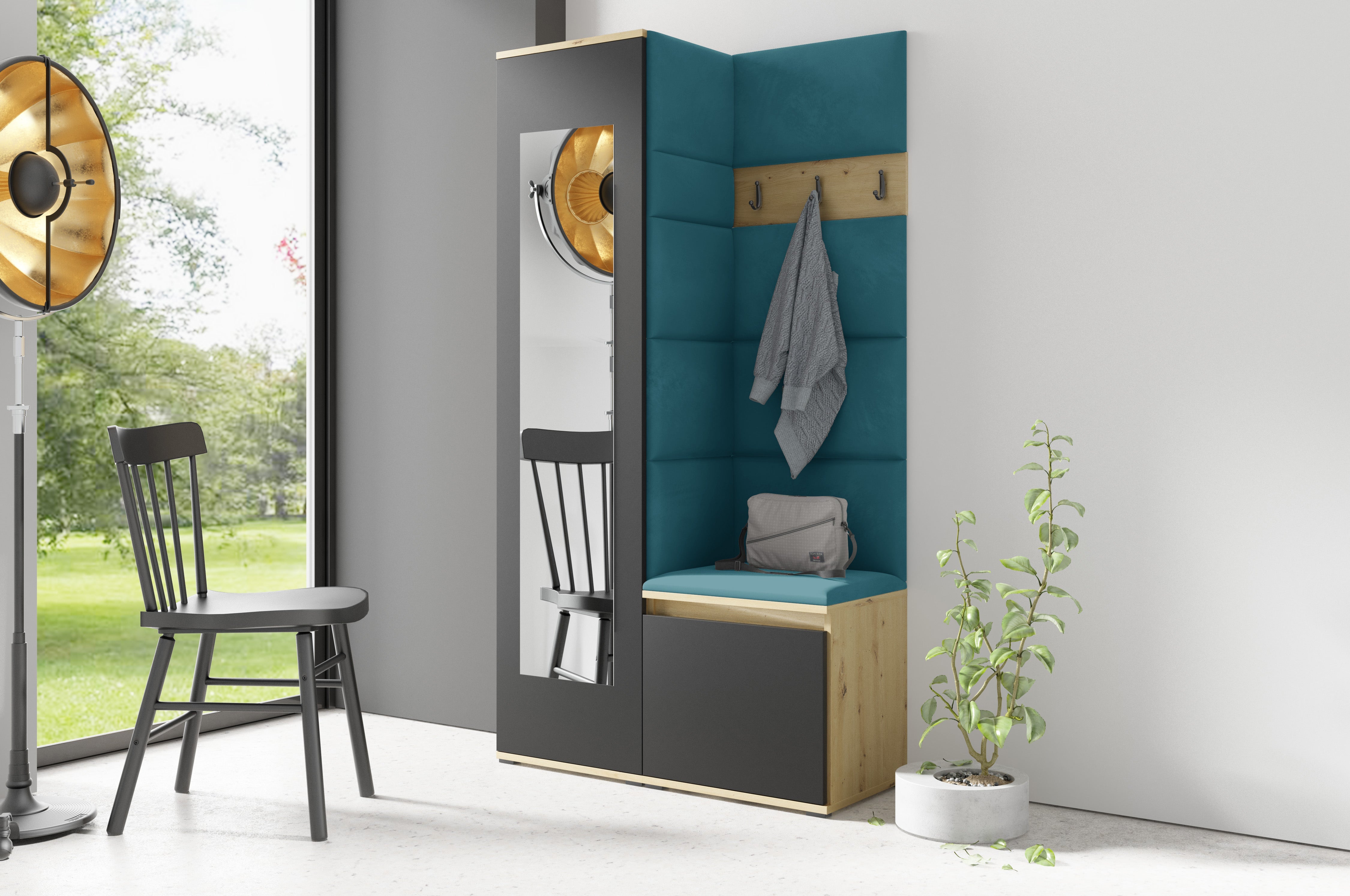 PK Emi 13 Hallway Wardrobe Artisan Oak / Black - Upholstered Panels in Various Colours