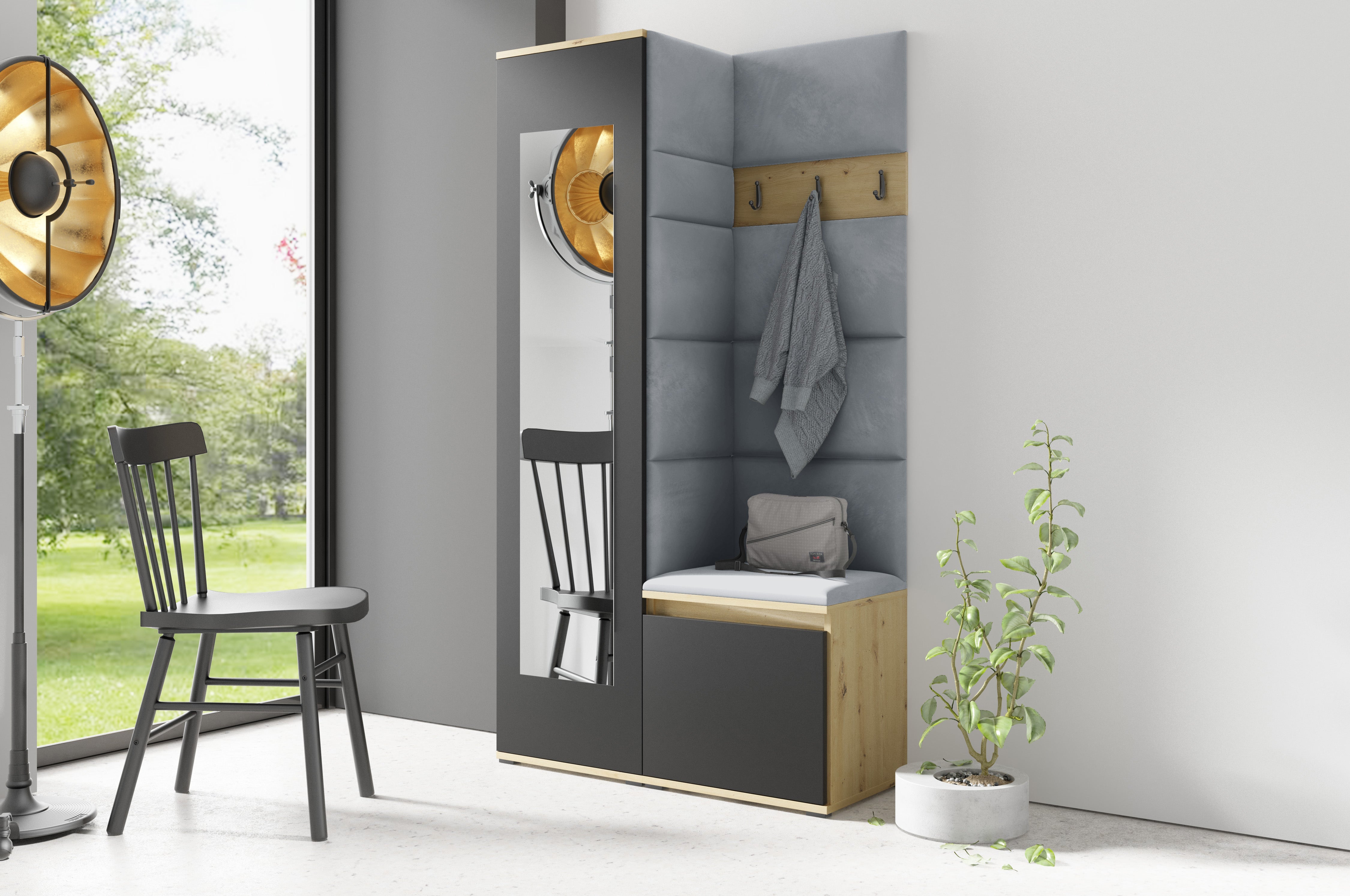 PK Emi 13 Hallway Wardrobe Artisan Oak / Black - Upholstered Panels in Various Colours