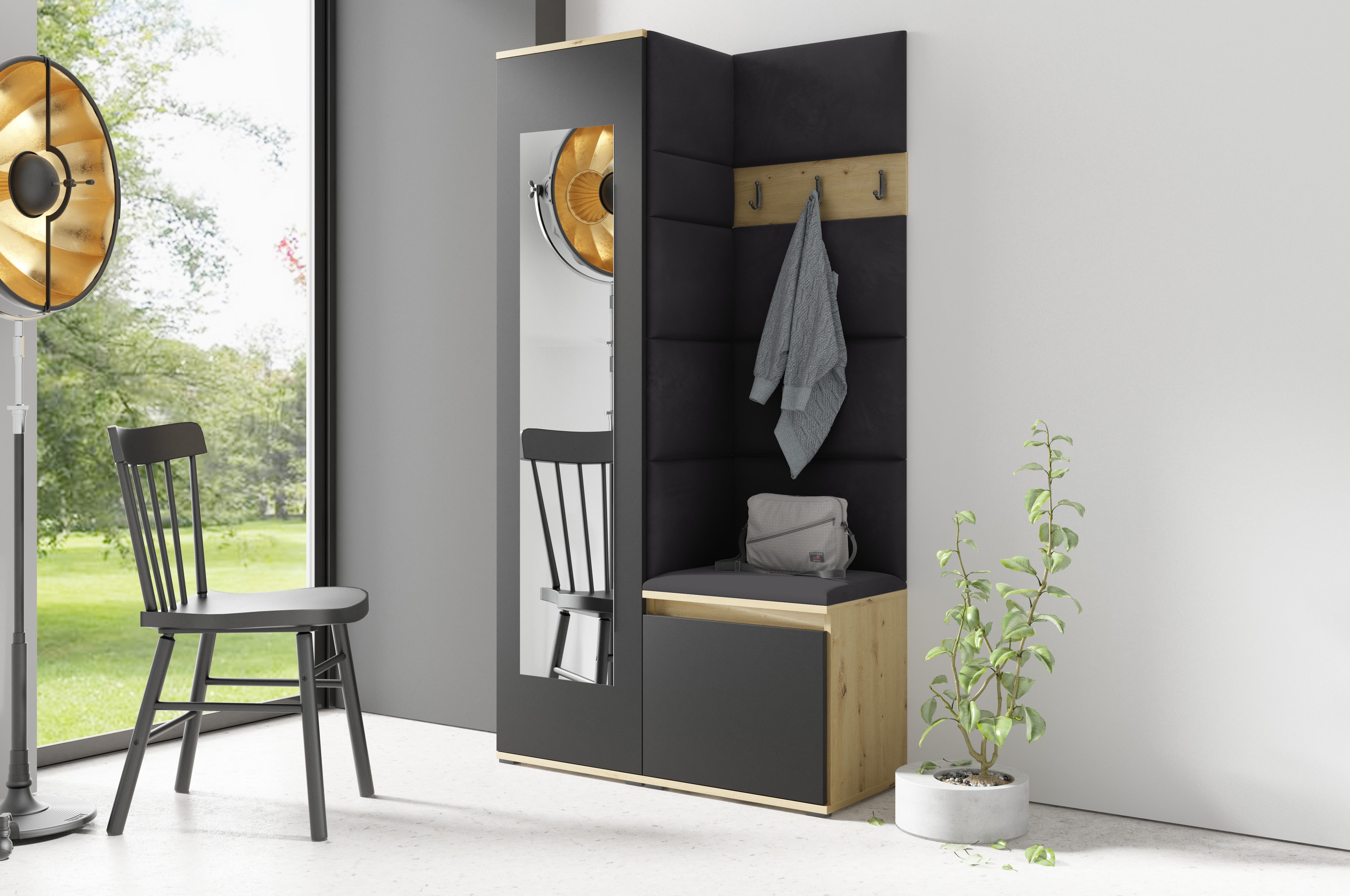 PK Emi 13 Hallway Wardrobe Artisan Oak / Black - Upholstered Panels in Various Colours