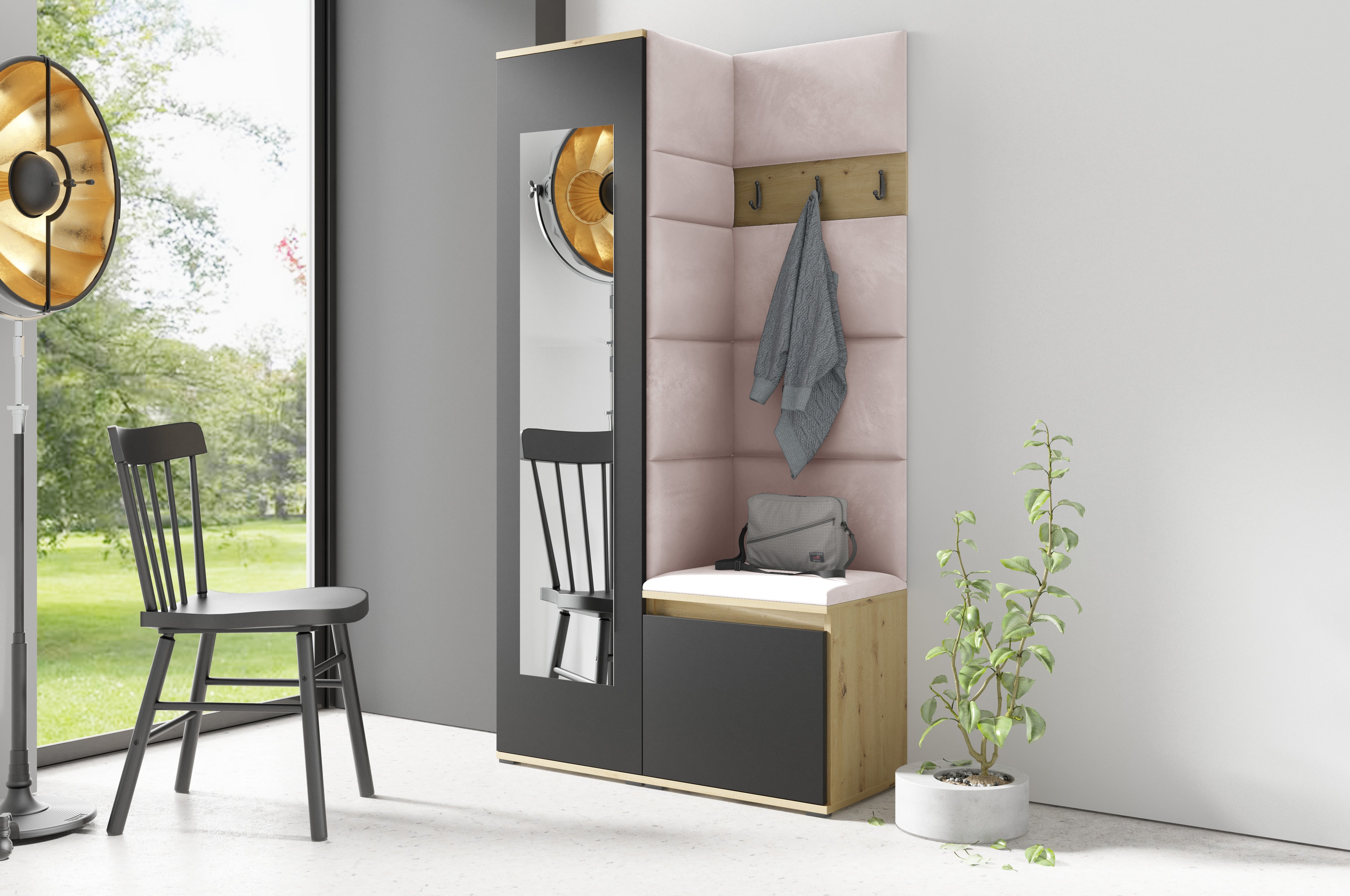 PK Emi 13 Hallway Wardrobe Artisan Oak / Black - Upholstered Panels in Various Colours