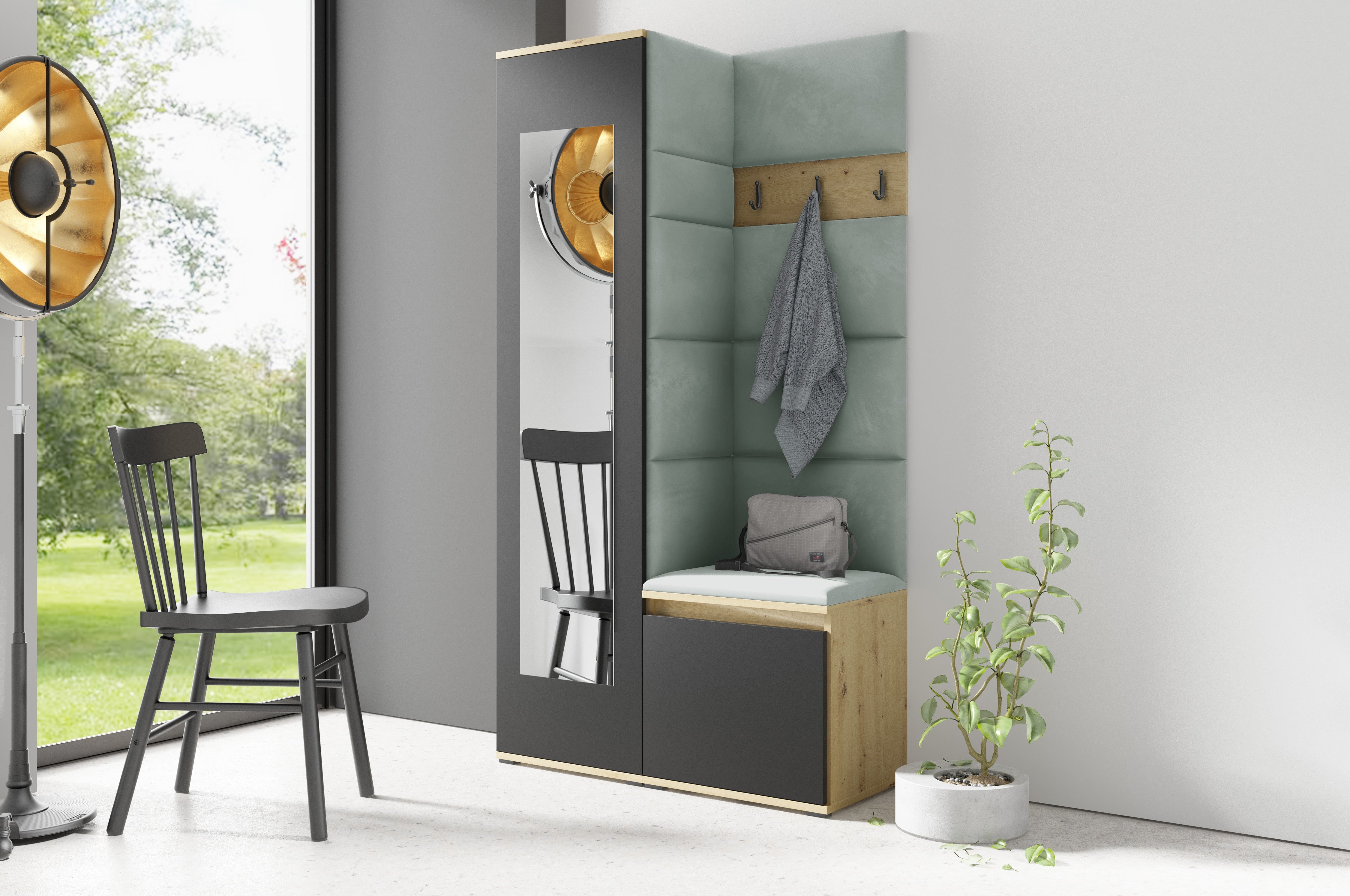 PK Emi 13 Hallway Wardrobe Artisan Oak / Black - Upholstered Panels in Various Colours