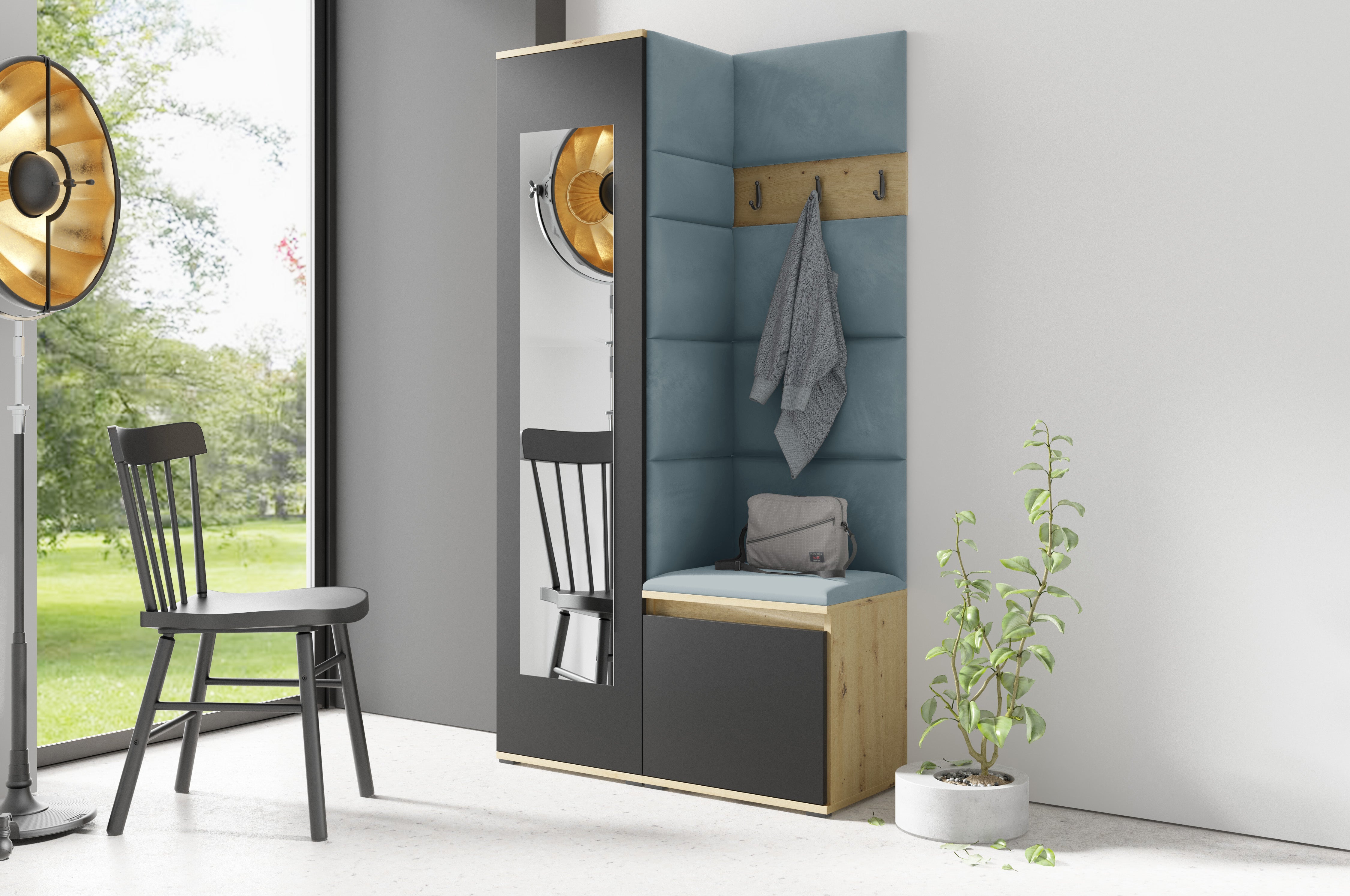 PK Emi 13 Hallway Wardrobe Artisan Oak / Black - Upholstered Panels in Various Colours