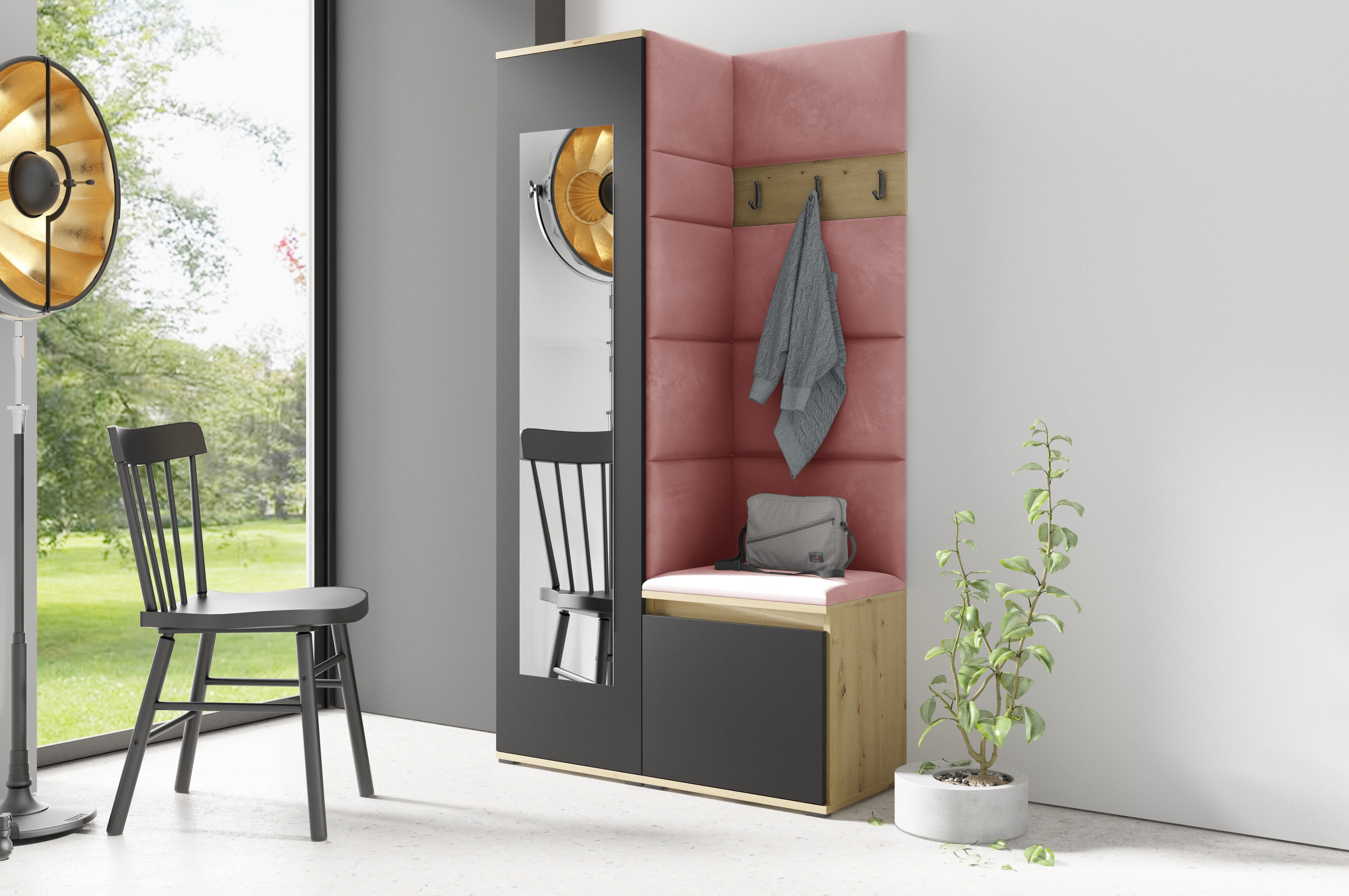 PK Emi 13 Hallway Wardrobe Artisan Oak / Black - Upholstered Panels in Various Colours