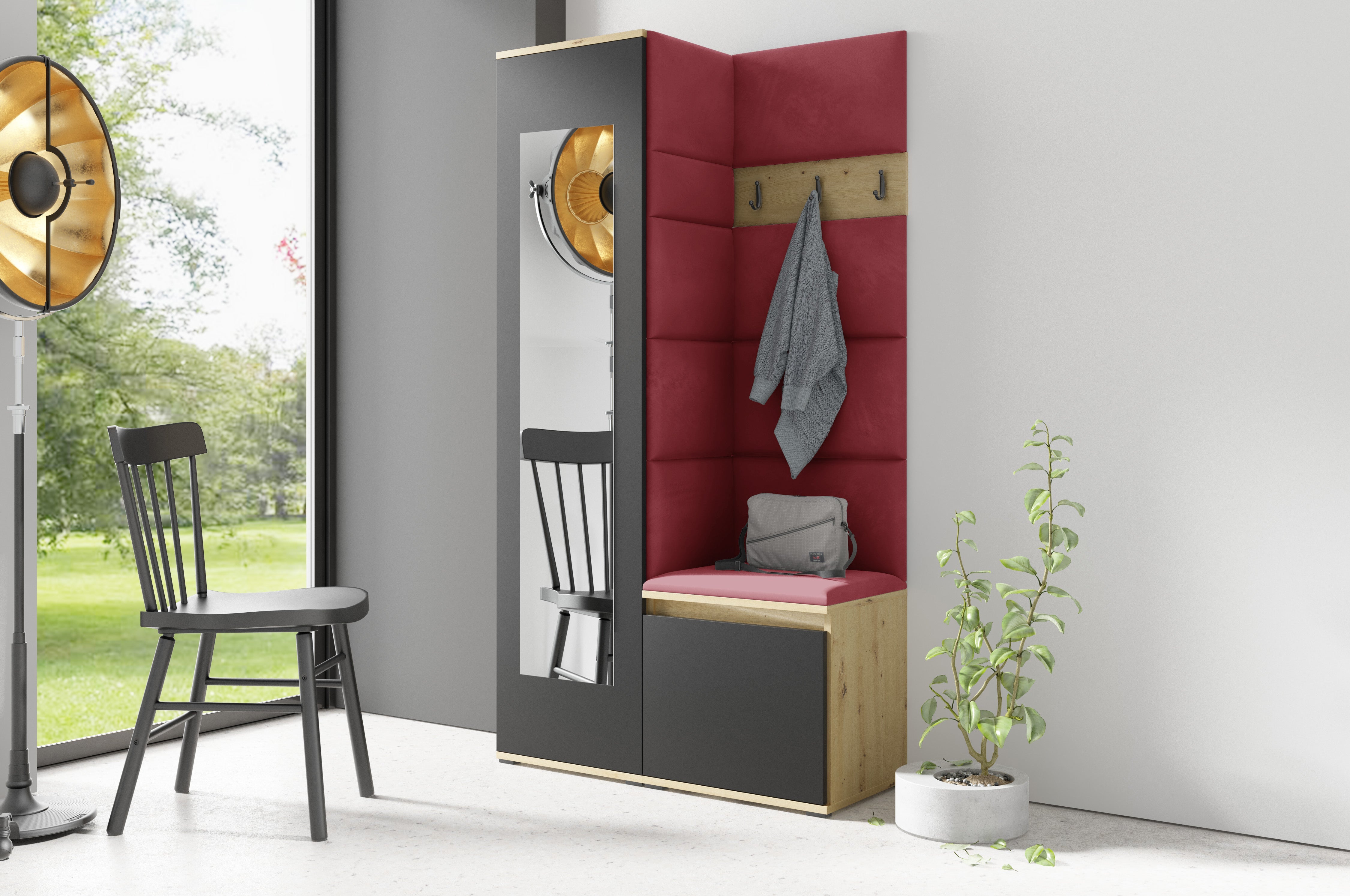 PK Emi 13 Hallway Wardrobe Artisan Oak / Black - Upholstered Panels in Various Colours