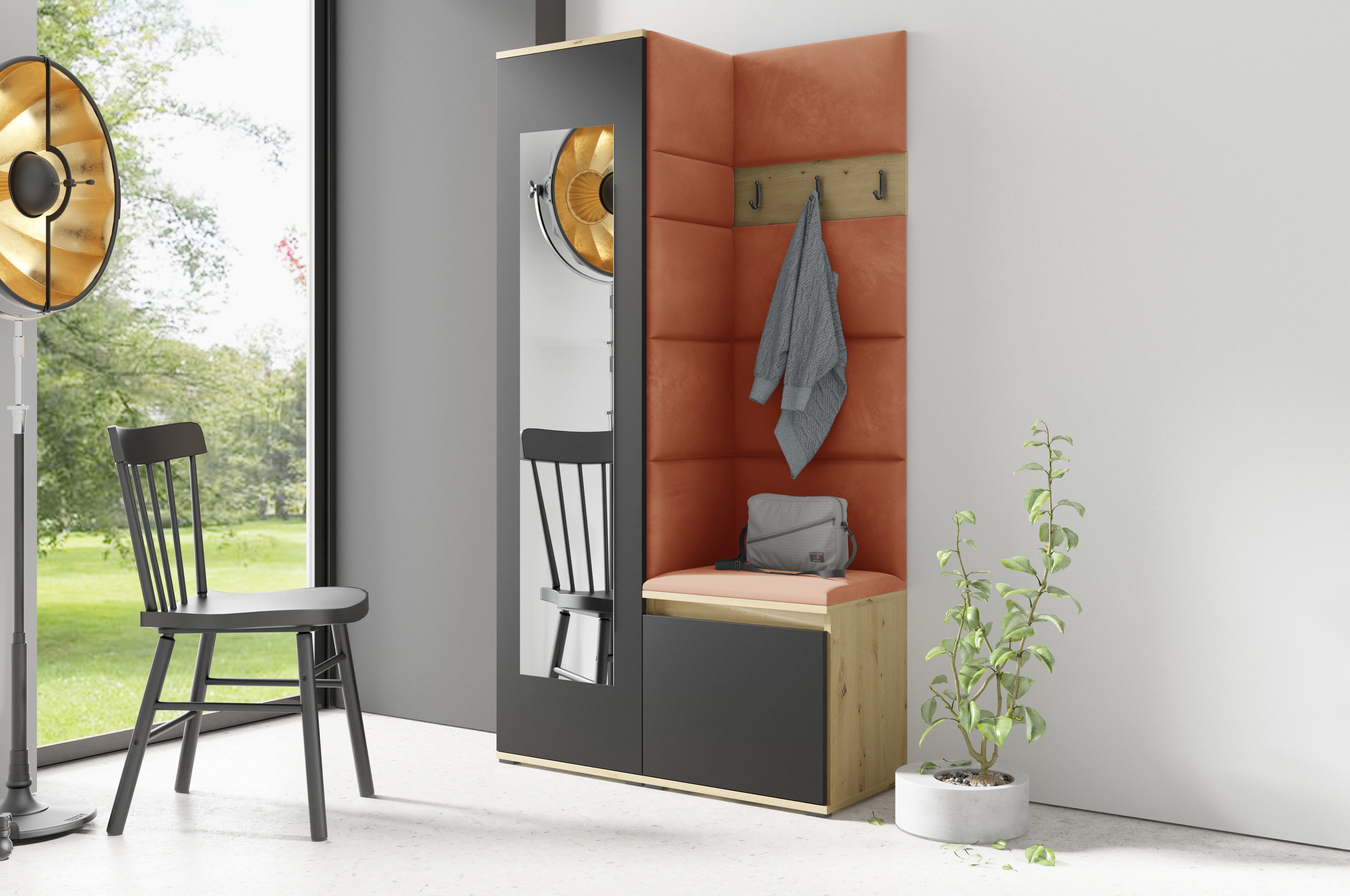 PK Emi 13 Hallway Wardrobe Artisan Oak / Black - Upholstered Panels in Various Colours