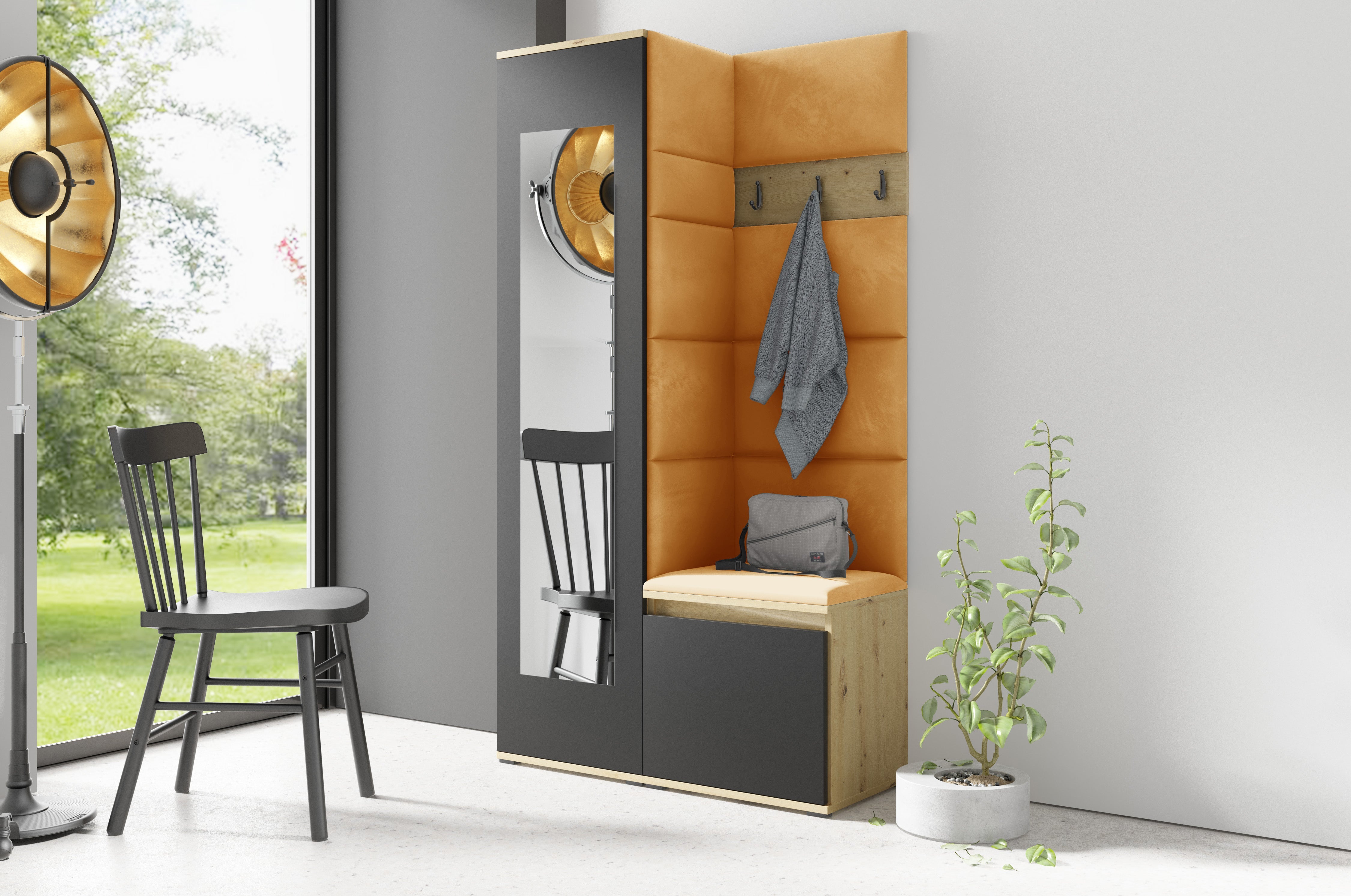 PK Emi 13 Hallway Wardrobe Artisan Oak / Black - Upholstered Panels in Various Colours