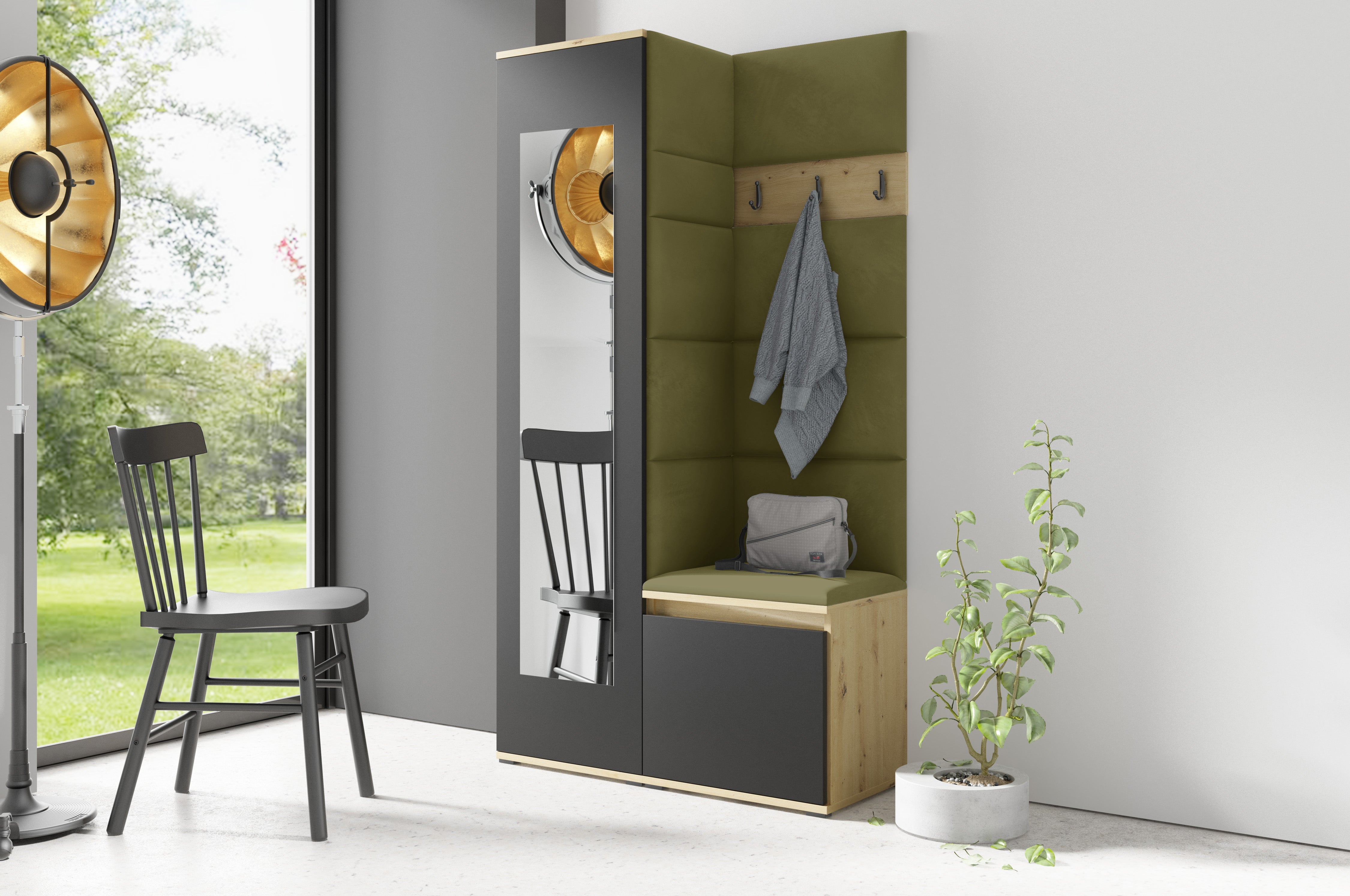 PK Emi 13 Hallway Wardrobe Artisan Oak / Black - Upholstered Panels in Various Colours