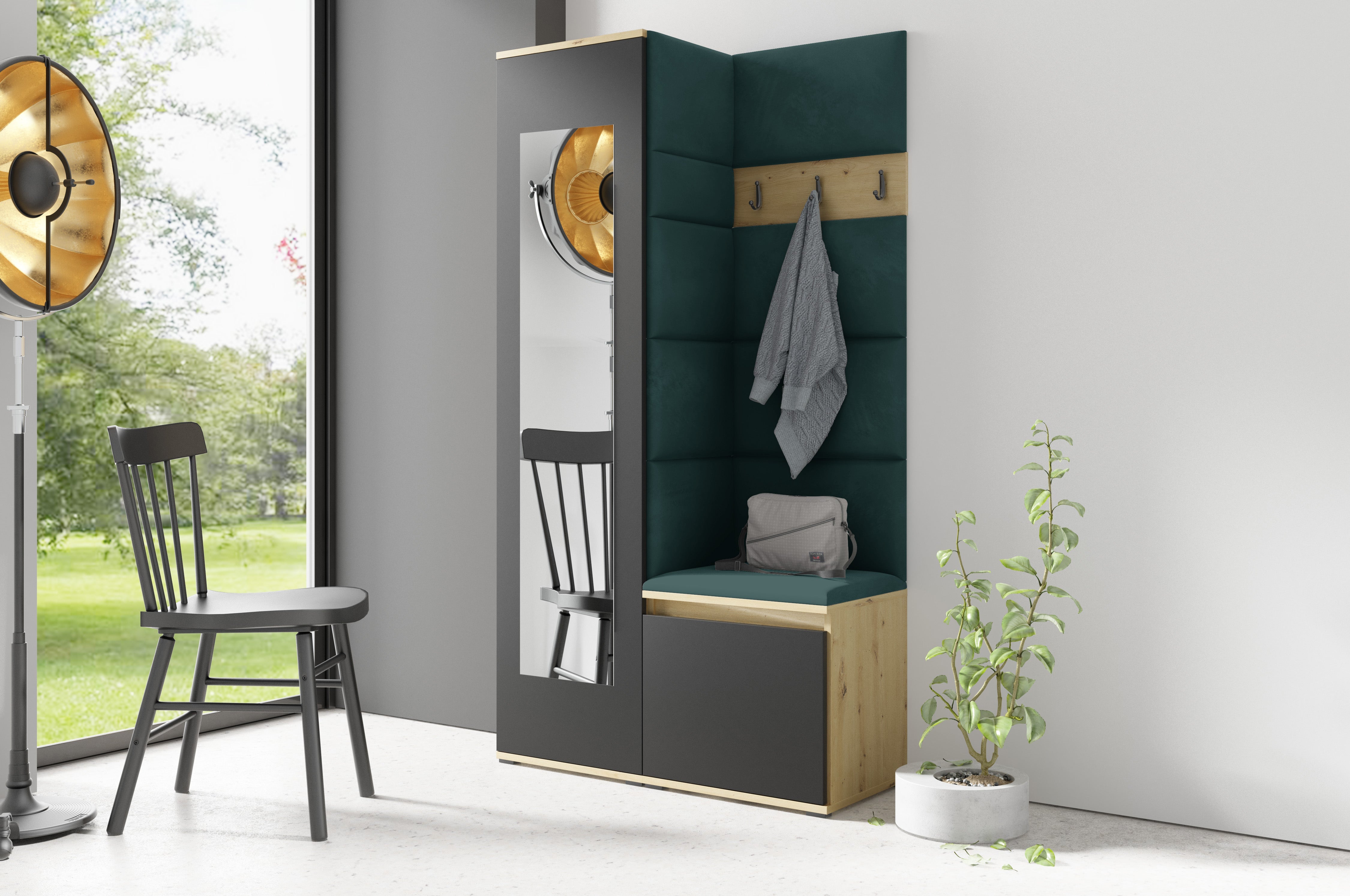 PK Emi 13 Hallway Wardrobe Artisan Oak / Black - Upholstered Panels in Various Colours