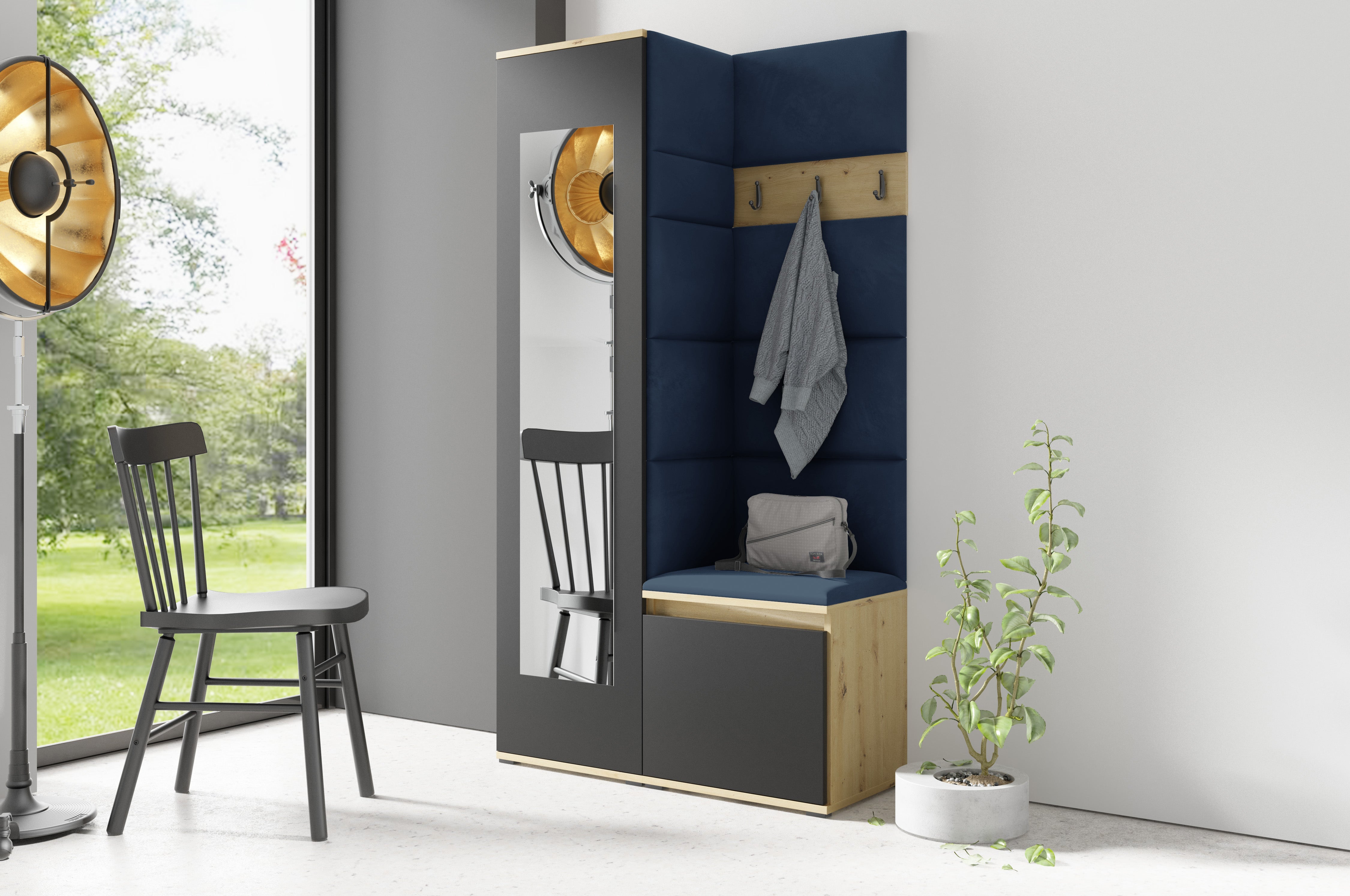PK Emi 13 Hallway Wardrobe Artisan Oak / Black - Upholstered Panels in Various Colours