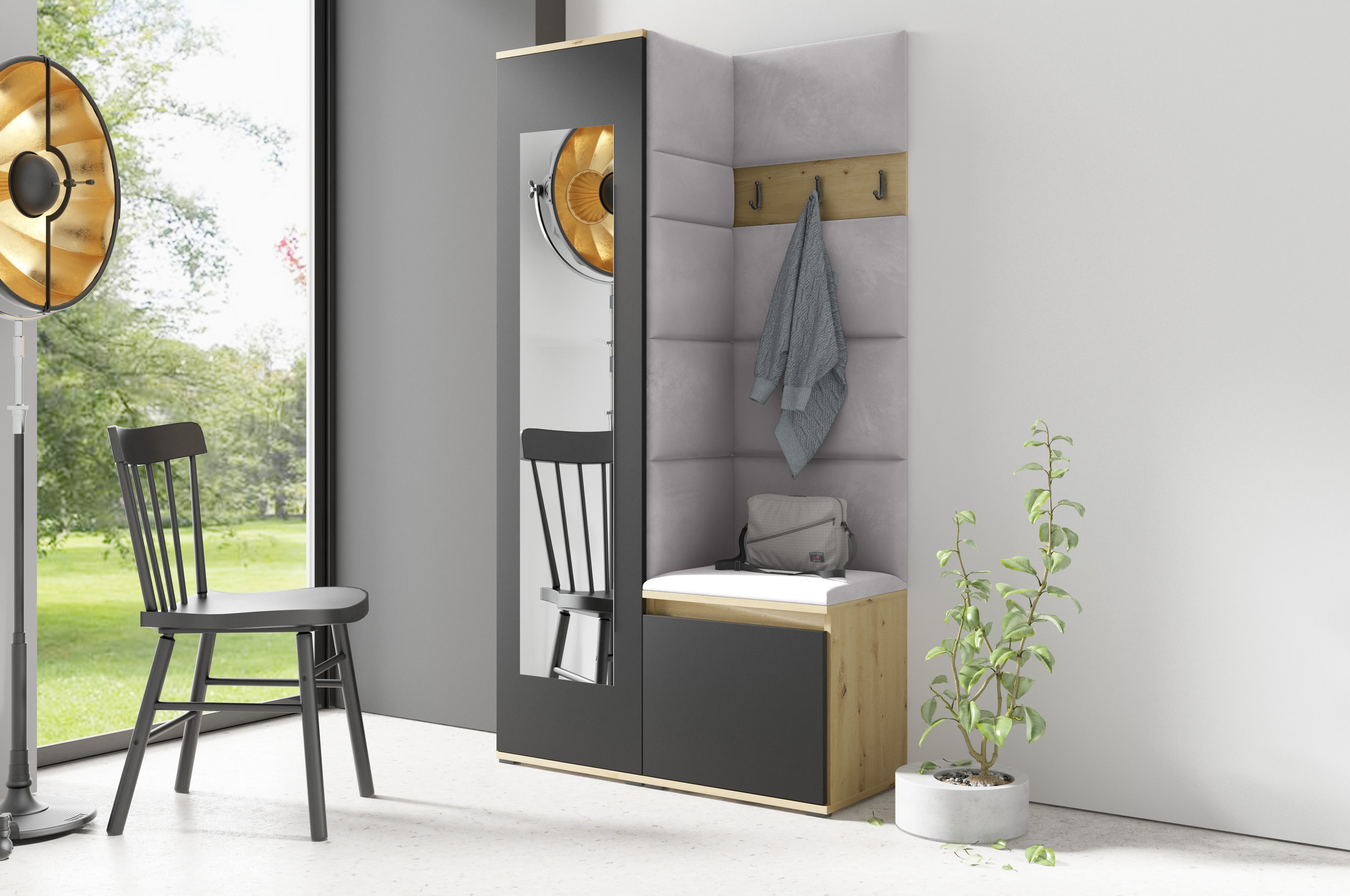 PK Emi 13 Hallway Wardrobe Artisan Oak / Black - Upholstered Panels in Various Colours