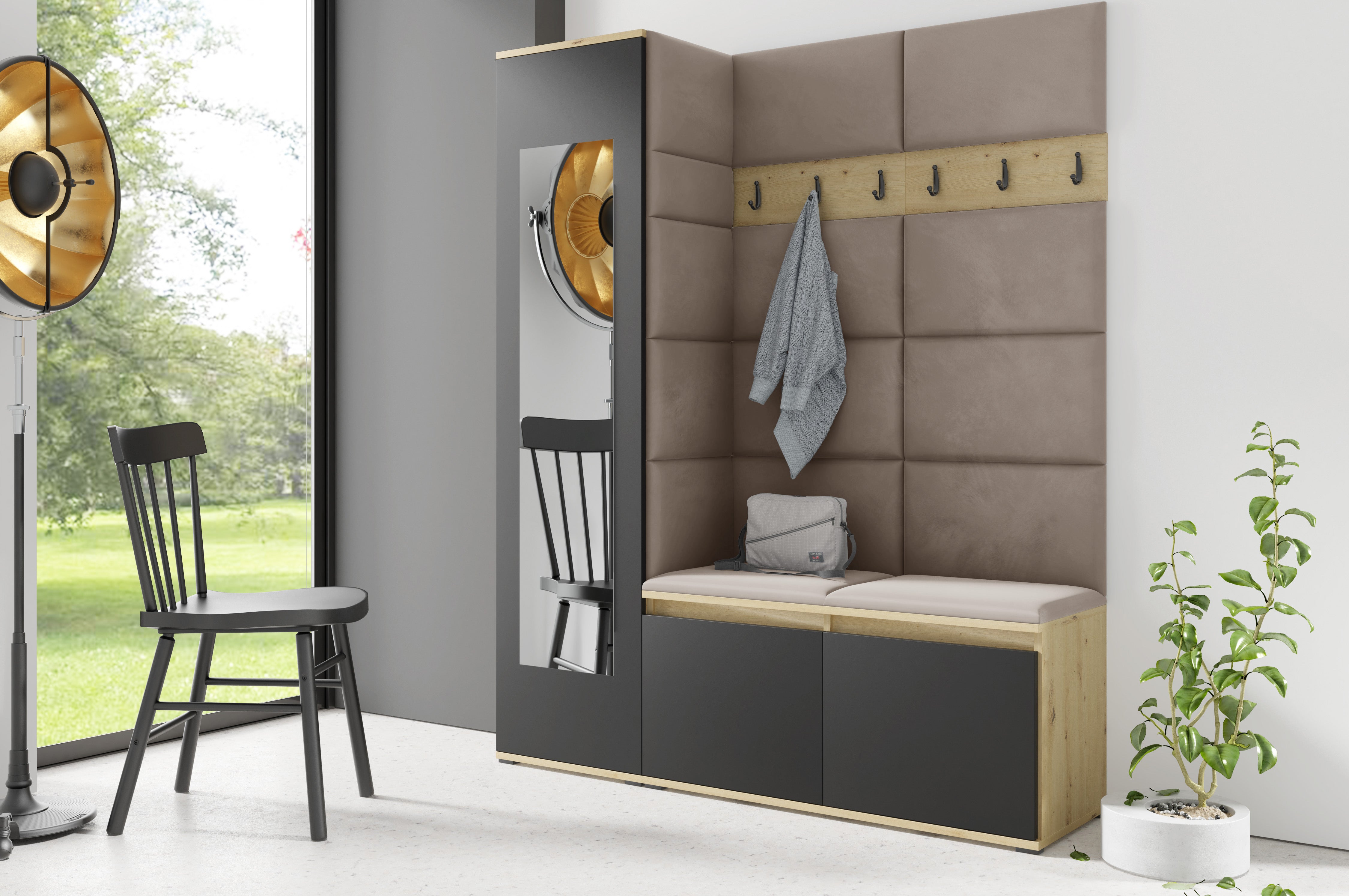 PK Emi 14 Flurgarderobe Artisan Eiche/Schwarz - Polsterpaneele in verschiedenen Farben