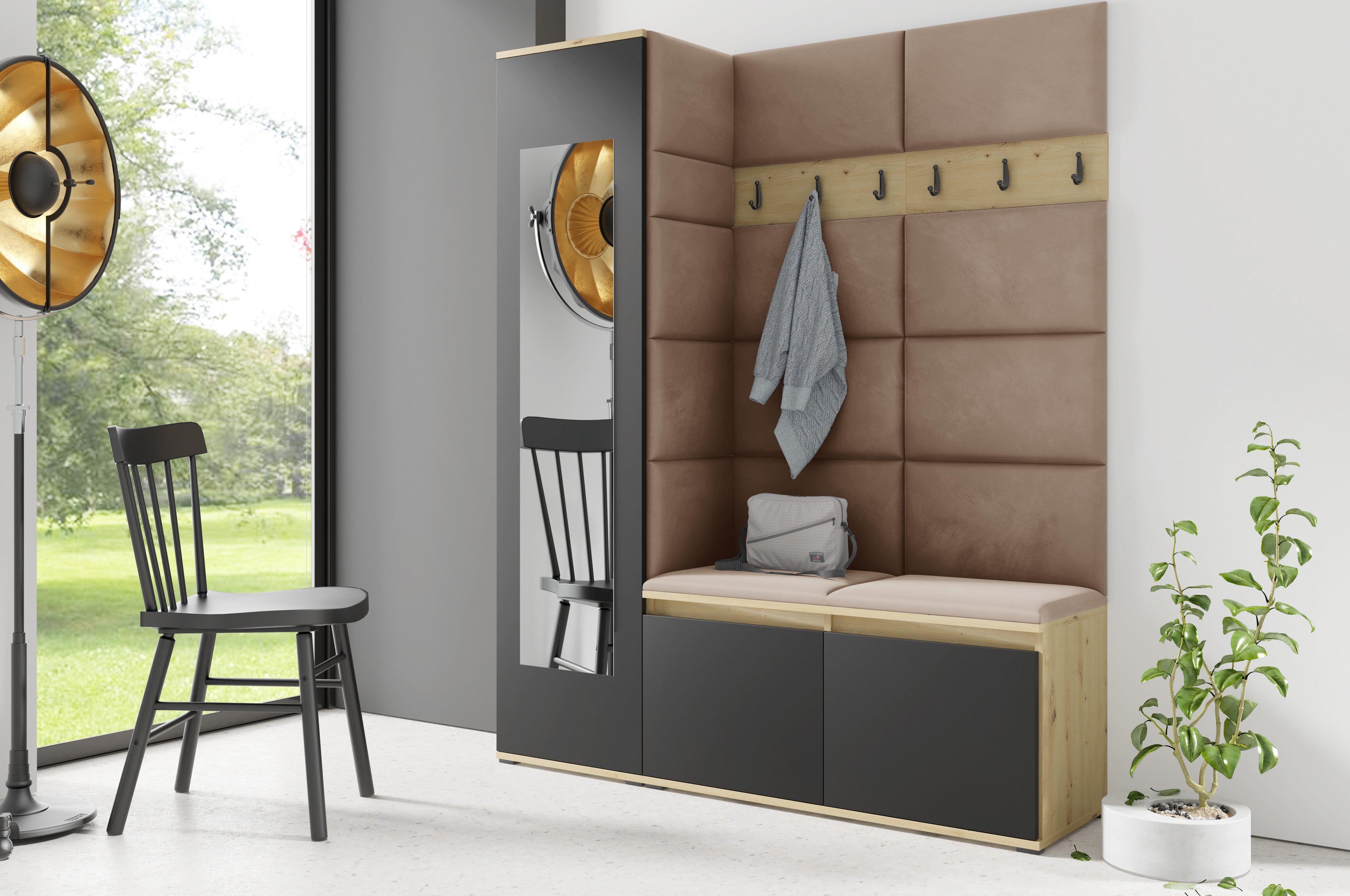 PK Emi 14 Flurgarderobe Artisan Eiche/Schwarz - Polsterpaneele in verschiedenen Farben