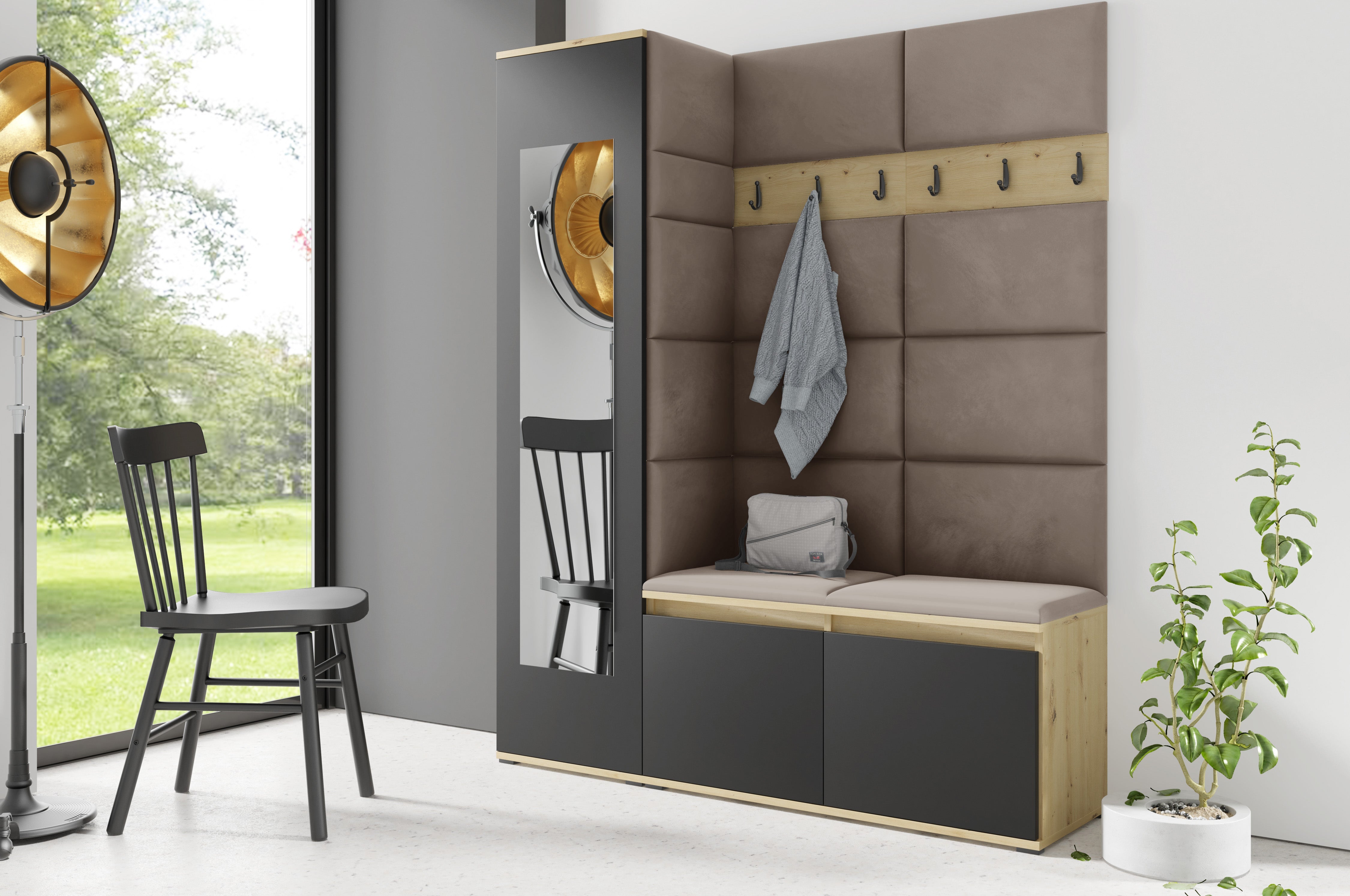 PK Emi 14 Flurgarderobe Artisan Eiche/Schwarz - Polsterpaneele in verschiedenen Farben