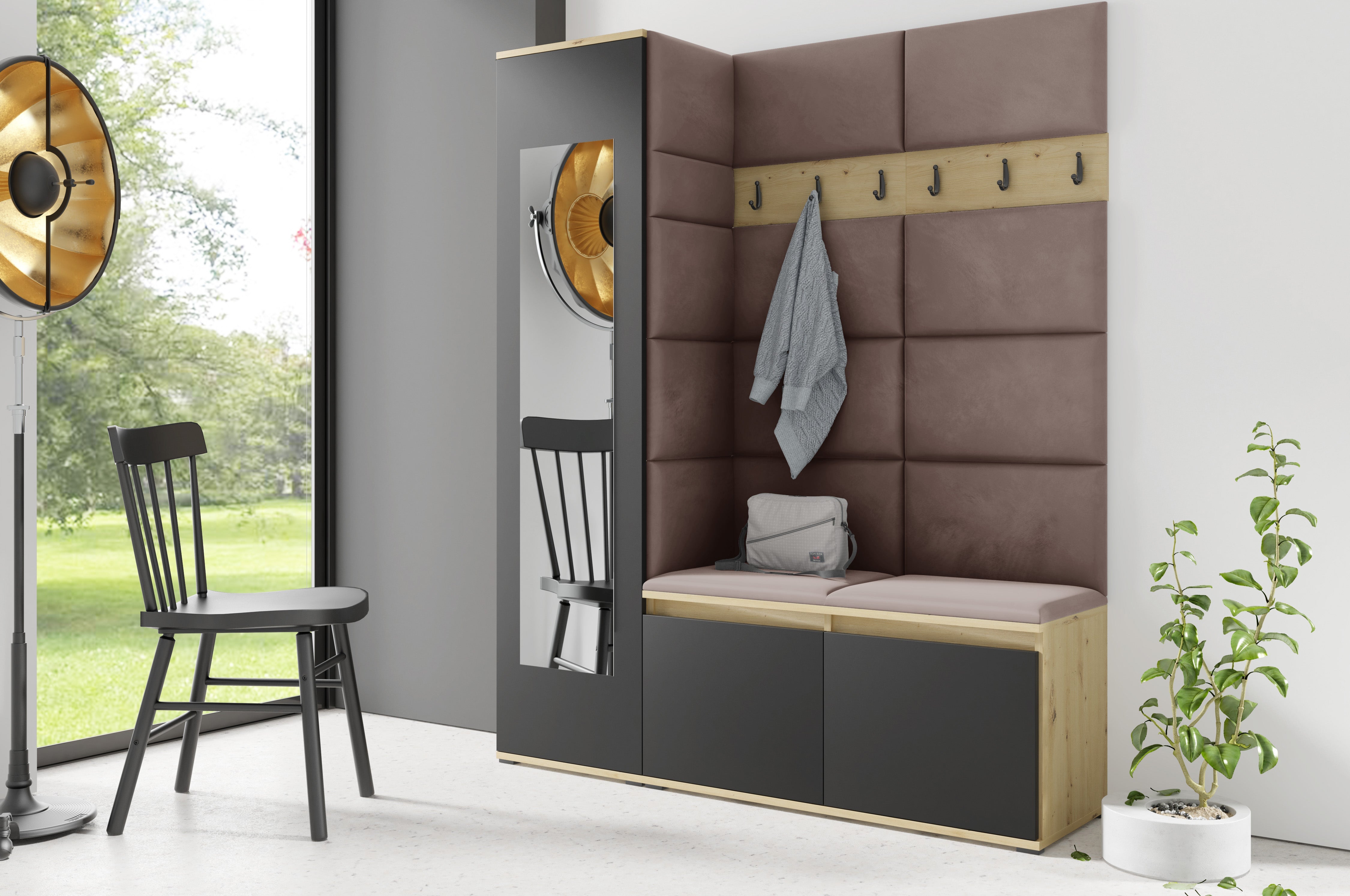 PK Emi 14 Flurgarderobe Artisan Eiche/Schwarz - Polsterpaneele in verschiedenen Farben