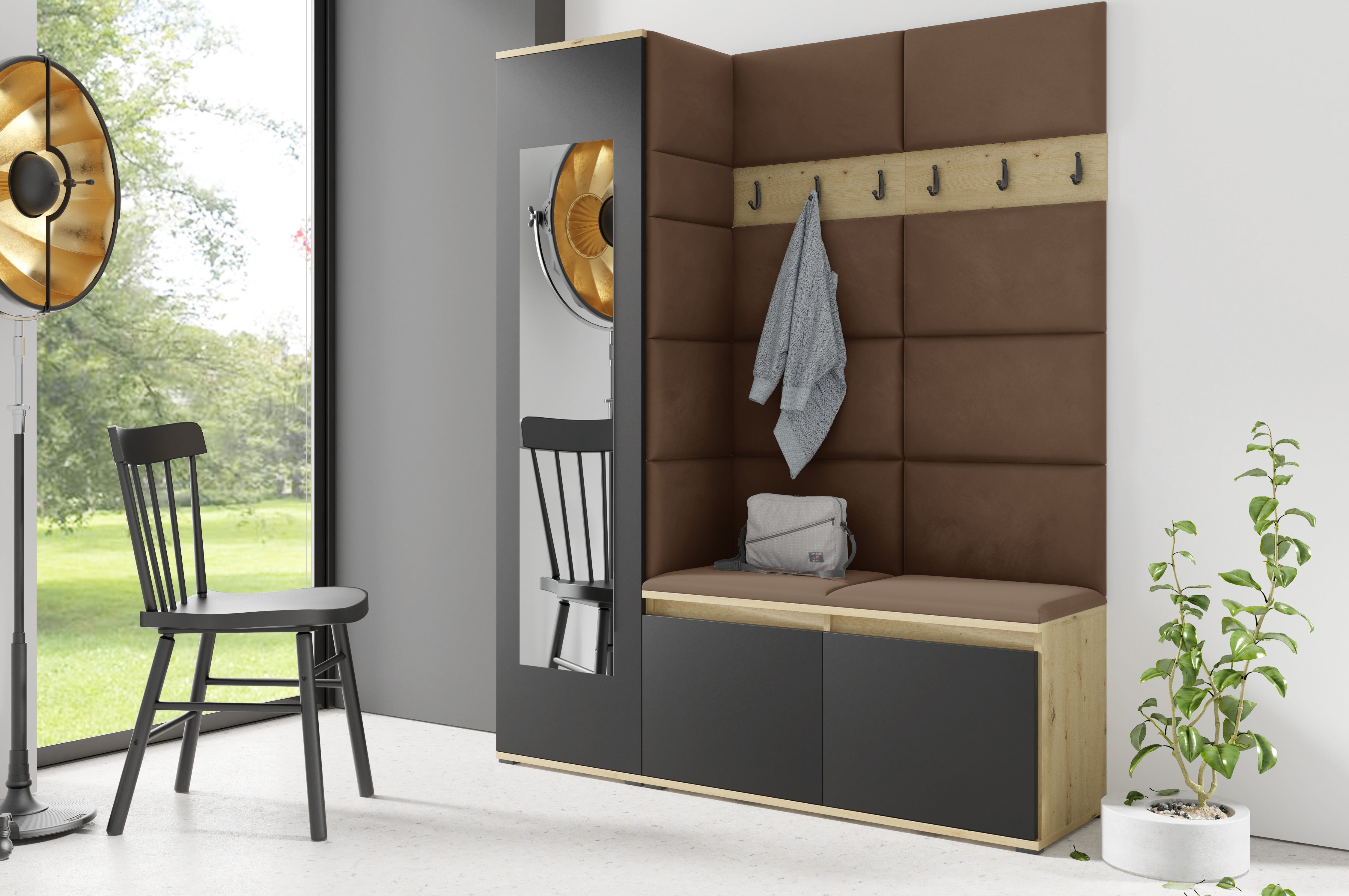 PK Emi 14 Flurgarderobe Artisan Eiche/Schwarz - Polsterpaneele in verschiedenen Farben