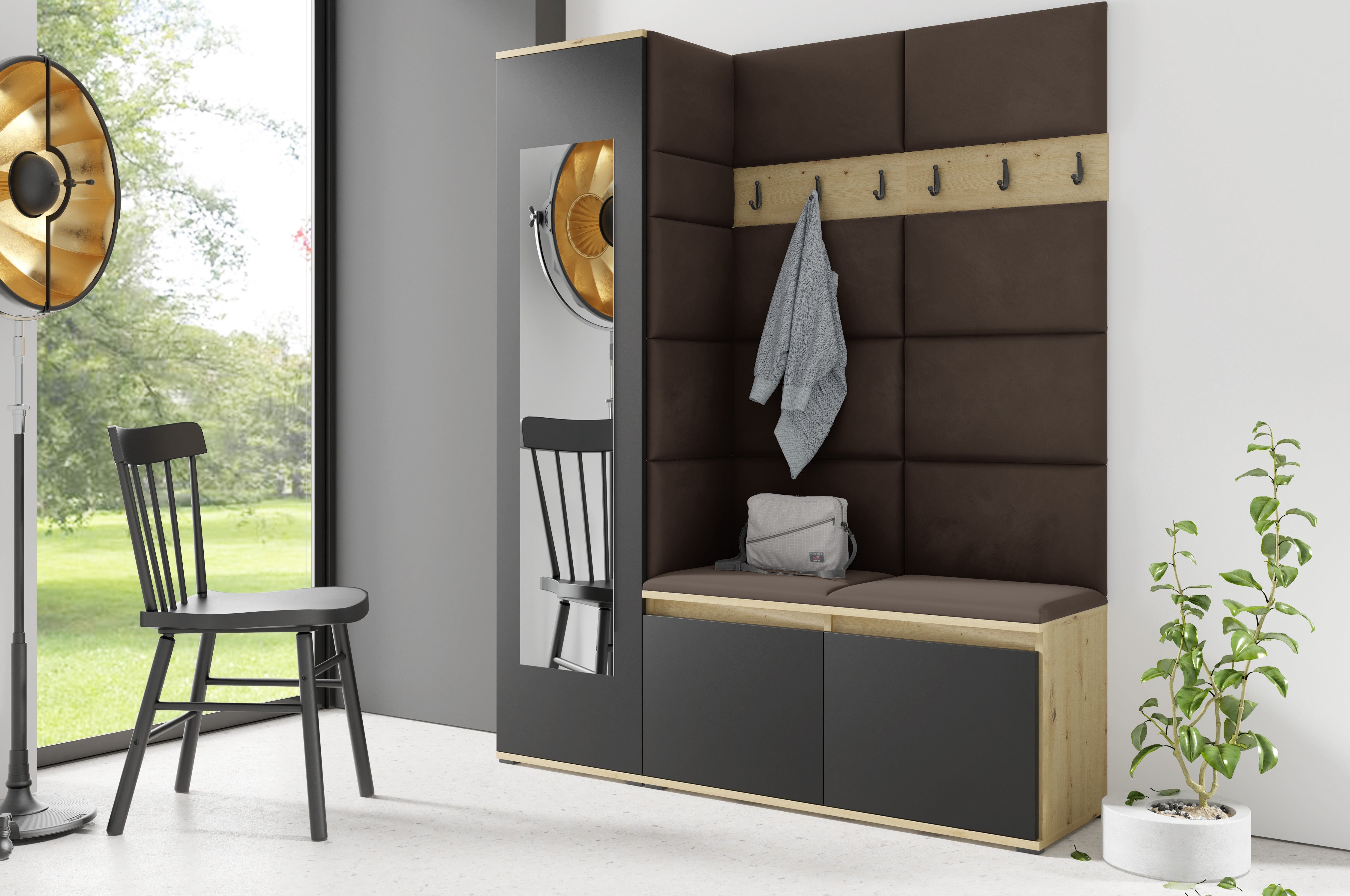 PK Emi 14 Flurgarderobe Artisan Eiche/Schwarz - Polsterpaneele in verschiedenen Farben