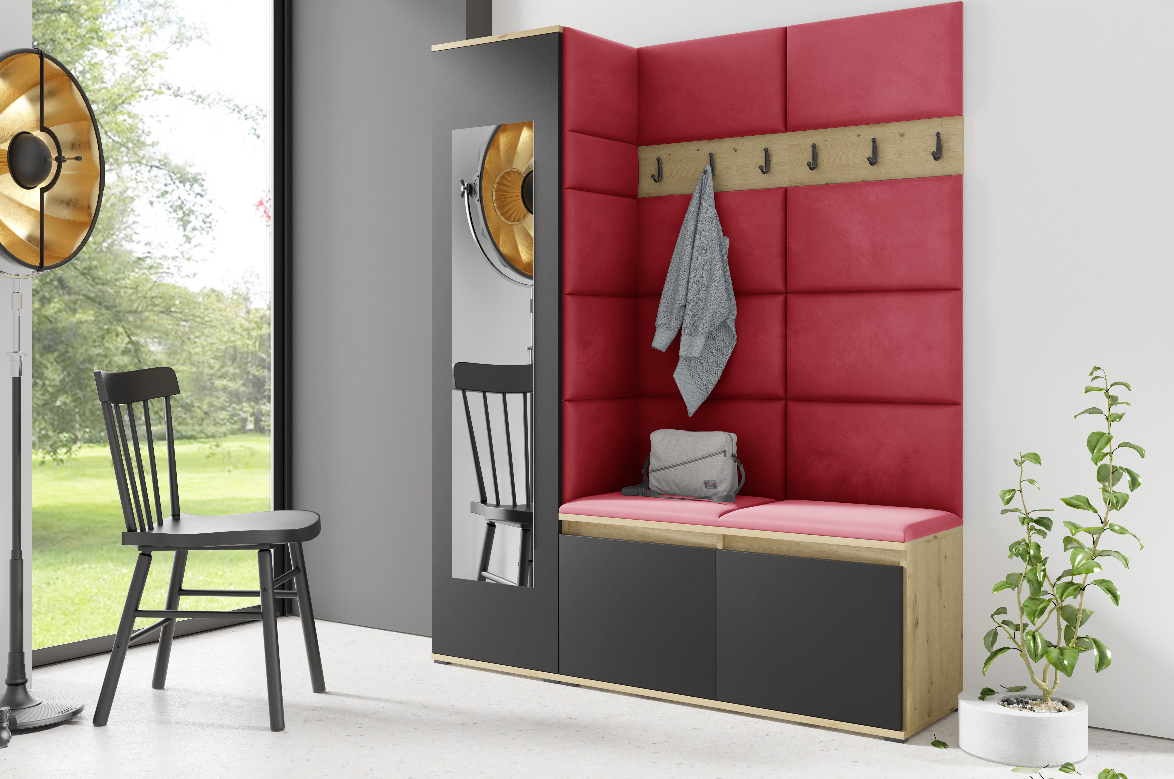 PK Emi 14 Flurgarderobe Artisan Eiche/Schwarz - Polsterpaneele in verschiedenen Farben