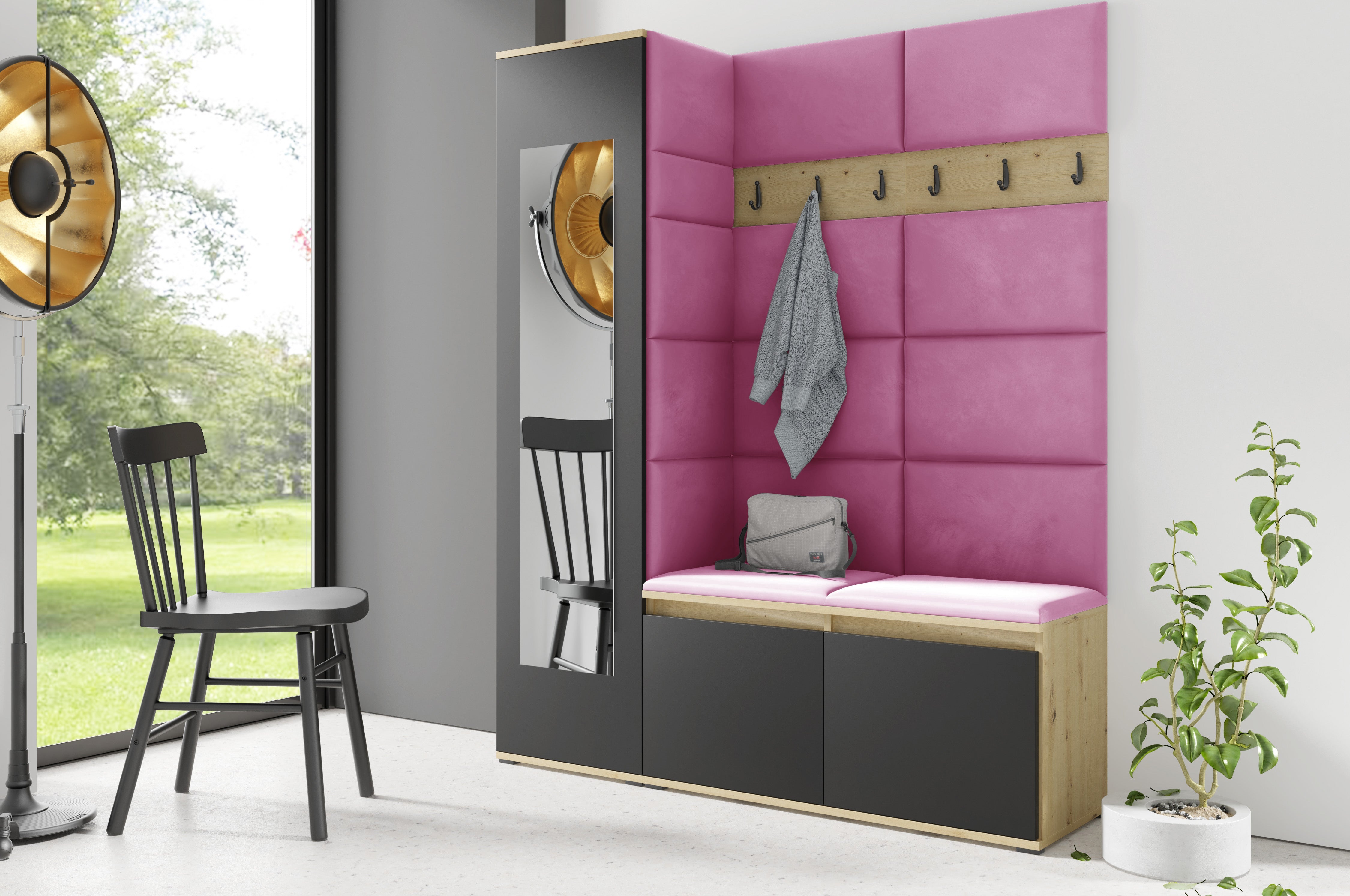 PK Emi 14 Flurgarderobe Artisan Eiche/Schwarz - Polsterpaneele in verschiedenen Farben