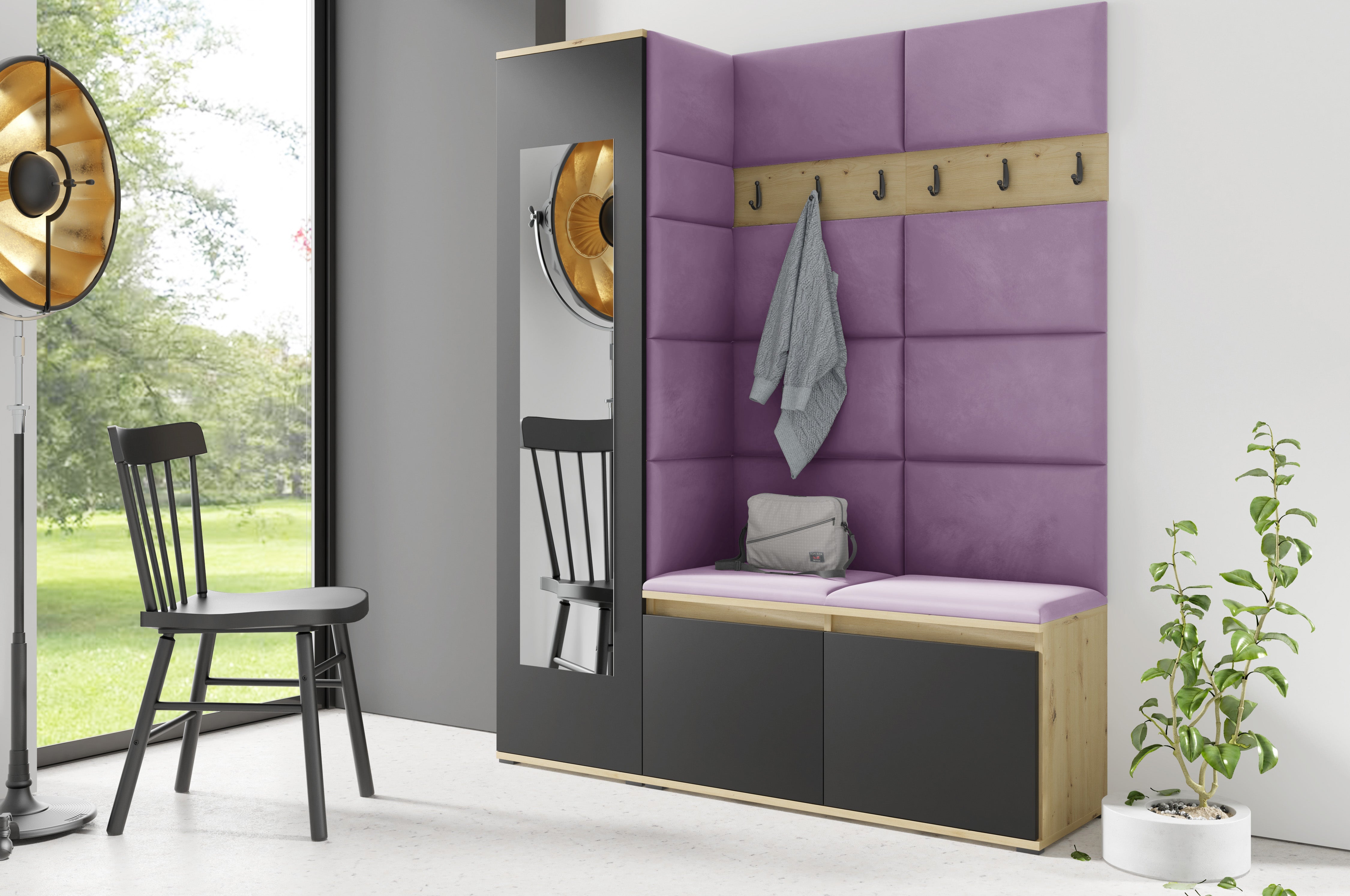 PK Emi 14 Flurgarderobe Artisan Eiche/Schwarz - Polsterpaneele in verschiedenen Farben
