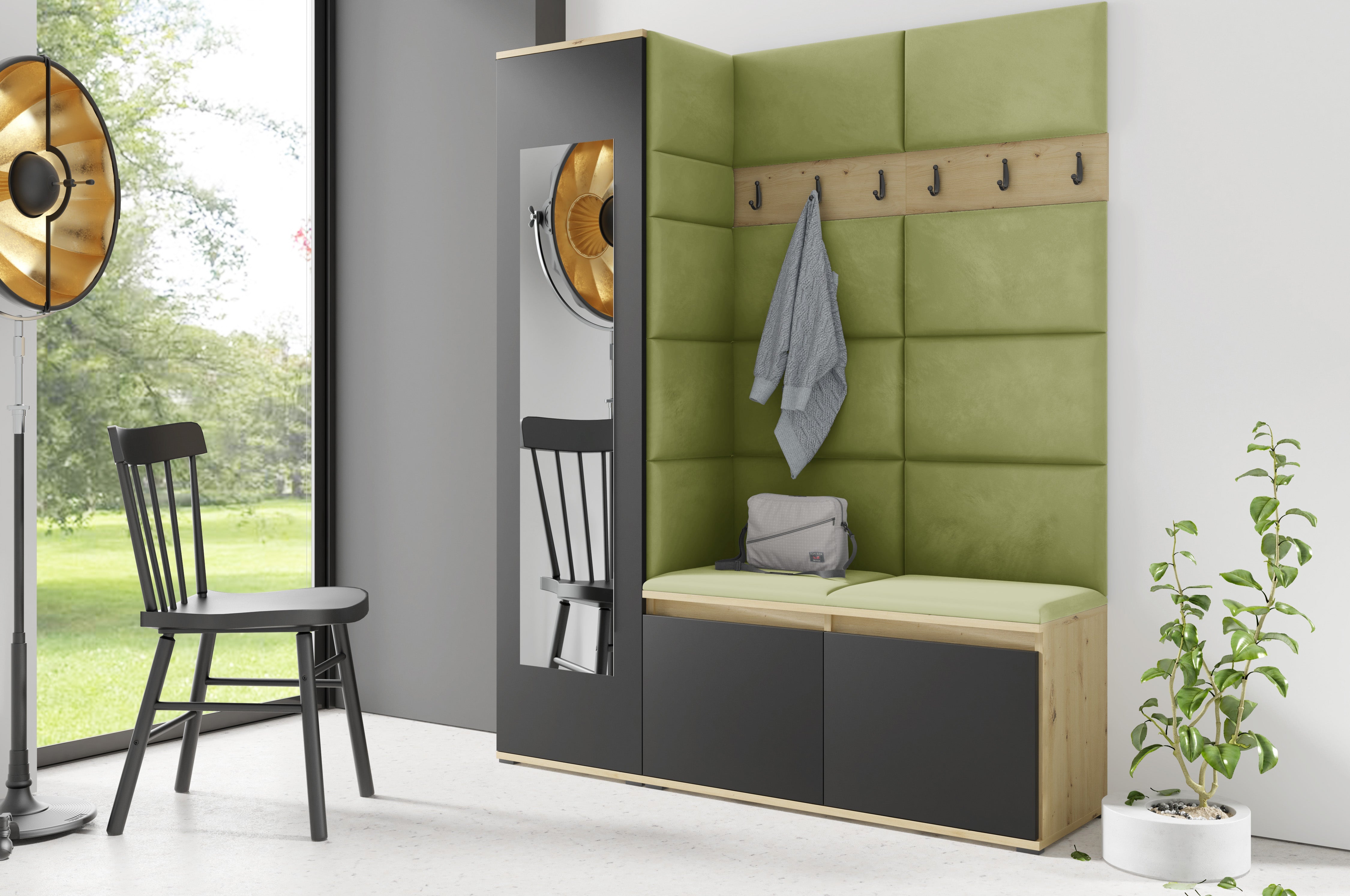 PK Emi 14 Flurgarderobe Artisan Eiche/Schwarz - Polsterpaneele in verschiedenen Farben