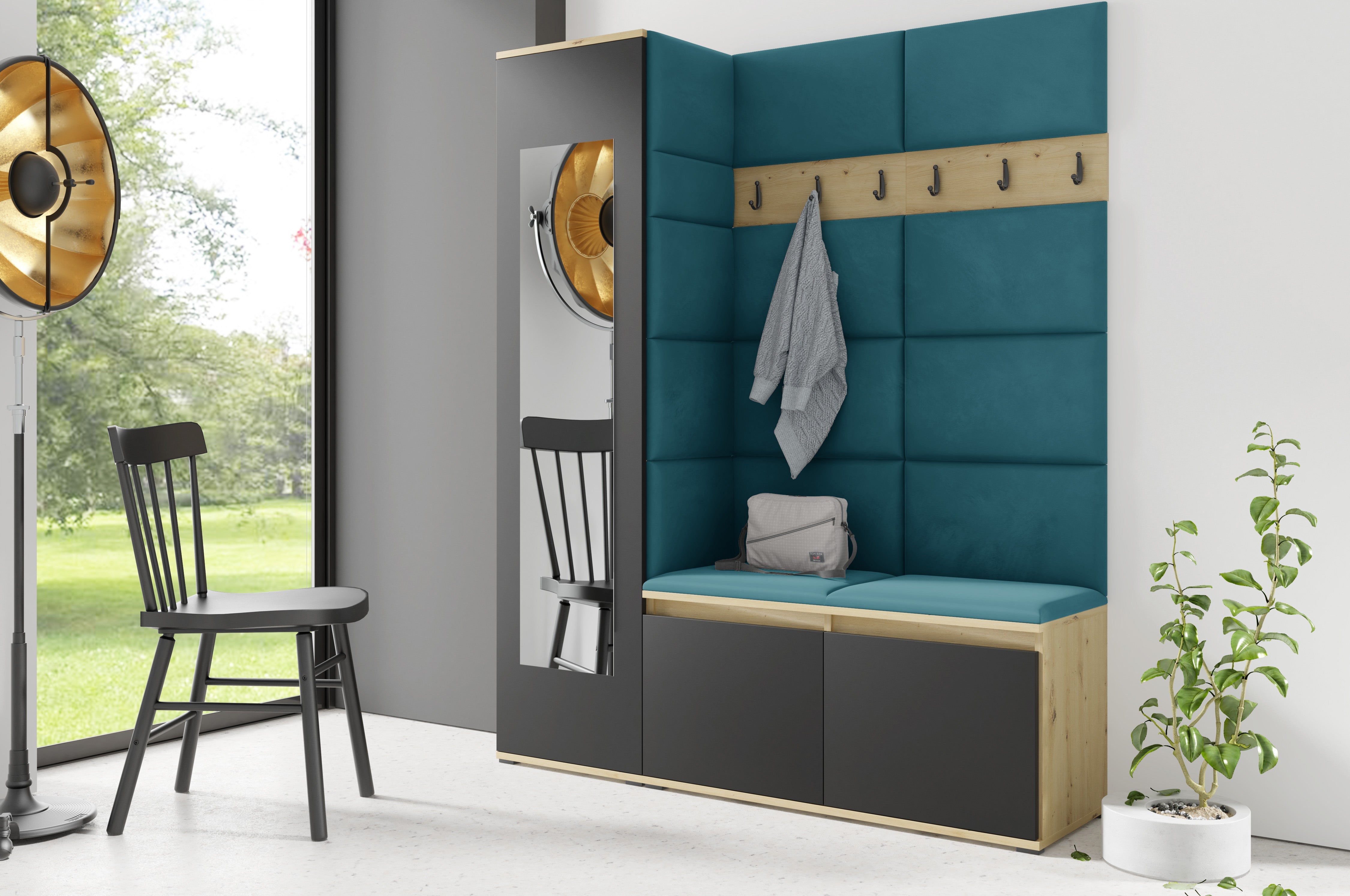 PK Emi 14 Flurgarderobe Artisan Eiche/Schwarz - Polsterpaneele in verschiedenen Farben