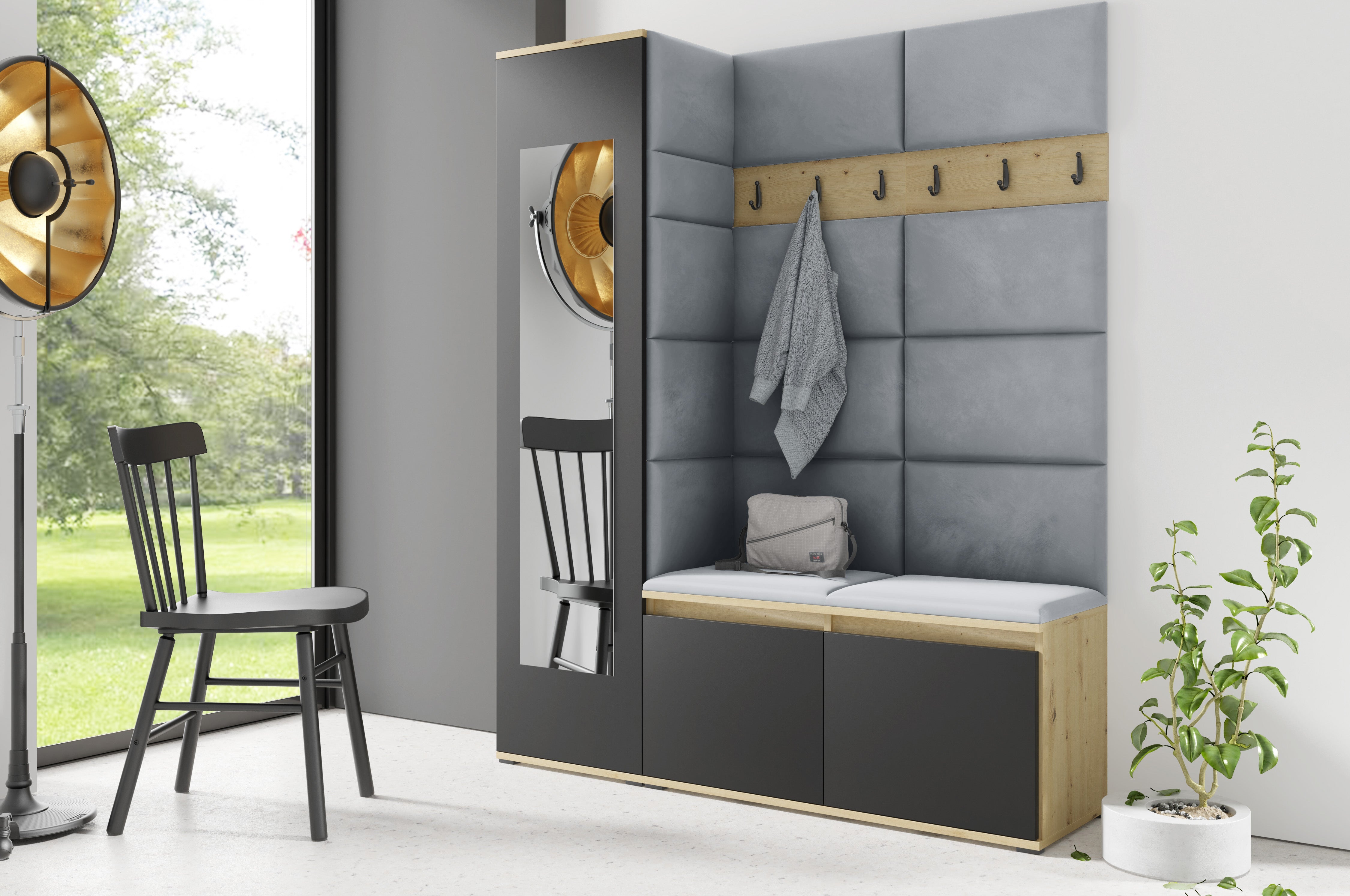 PK Emi 14 Flurgarderobe Artisan Eiche/Schwarz - Polsterpaneele in verschiedenen Farben