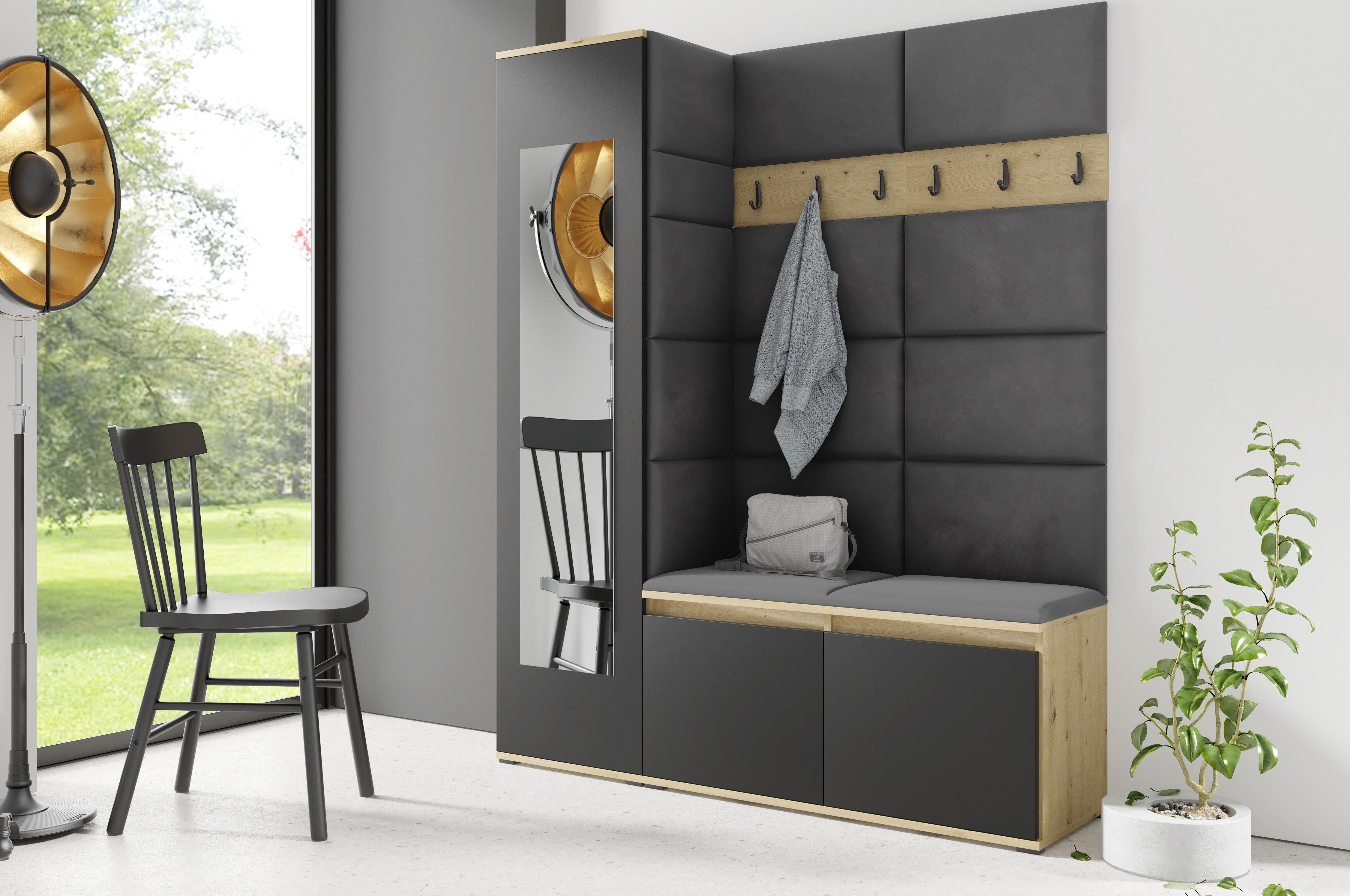 PK Emi 14 Flurgarderobe Artisan Eiche/Schwarz - Polsterpaneele in verschiedenen Farben