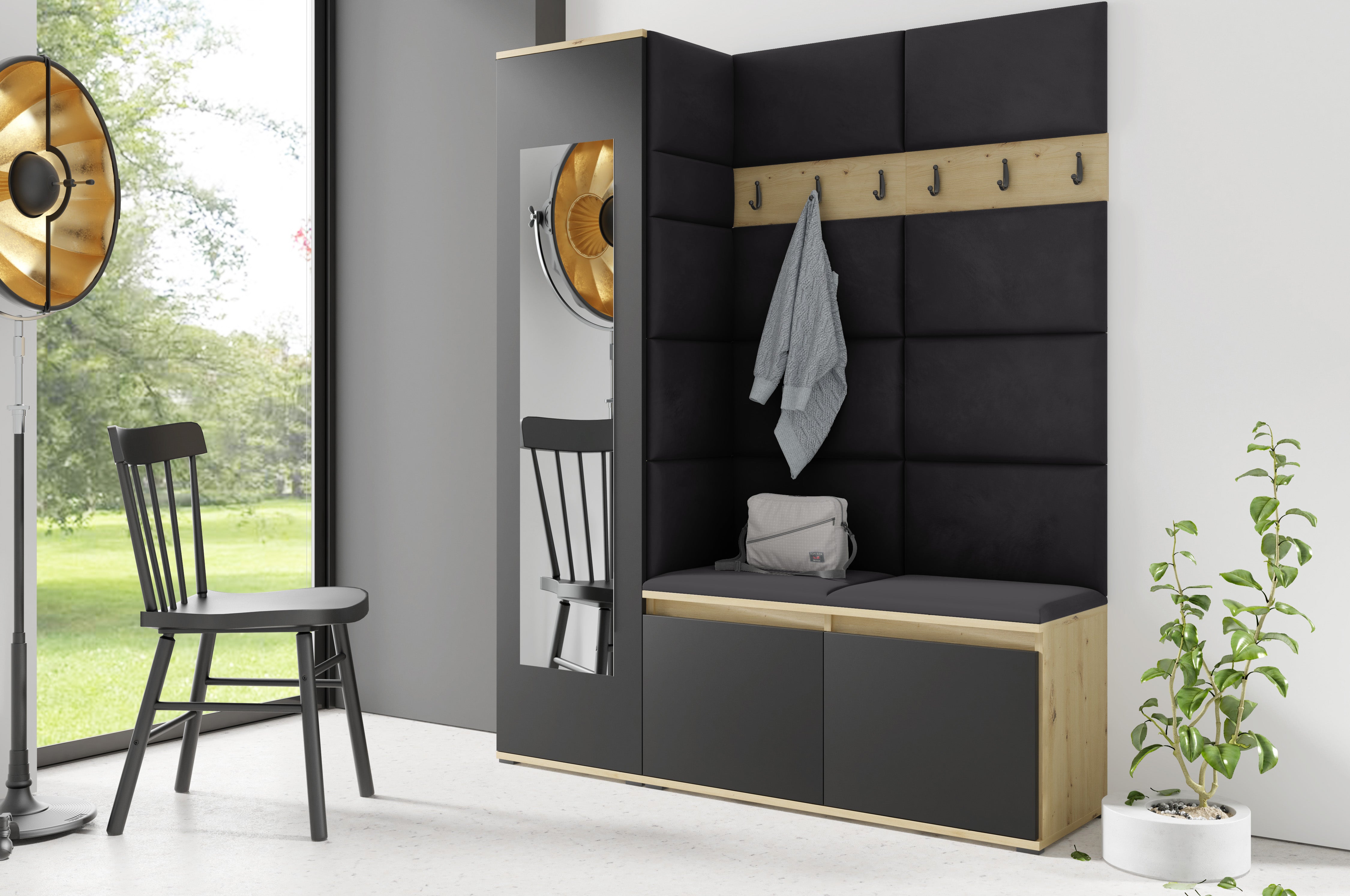 PK Emi 14 Flurgarderobe Artisan Eiche/Schwarz - Polsterpaneele in verschiedenen Farben