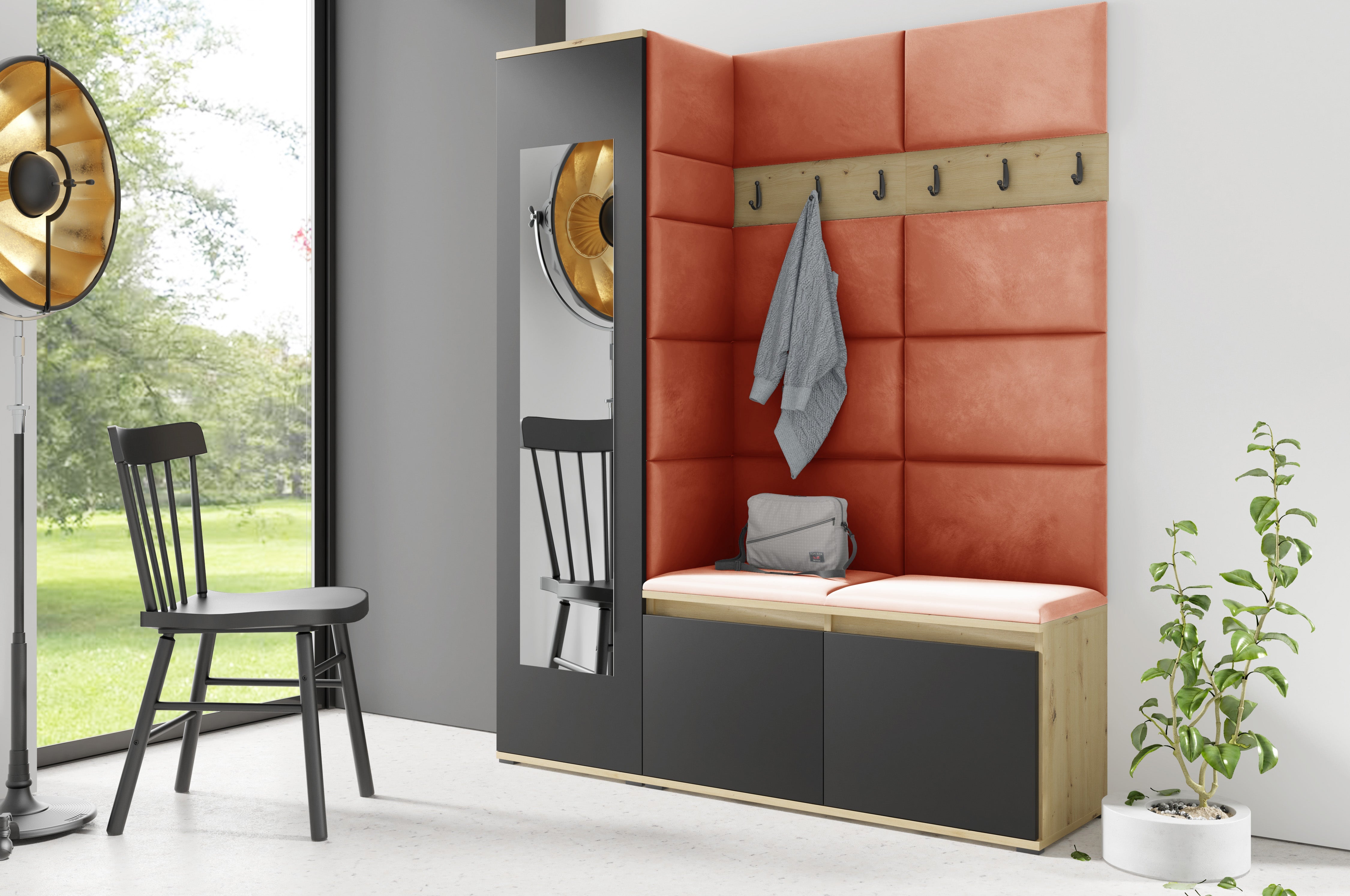 PK Emi 14 Flurgarderobe Artisan Eiche/Schwarz - Polsterpaneele in verschiedenen Farben