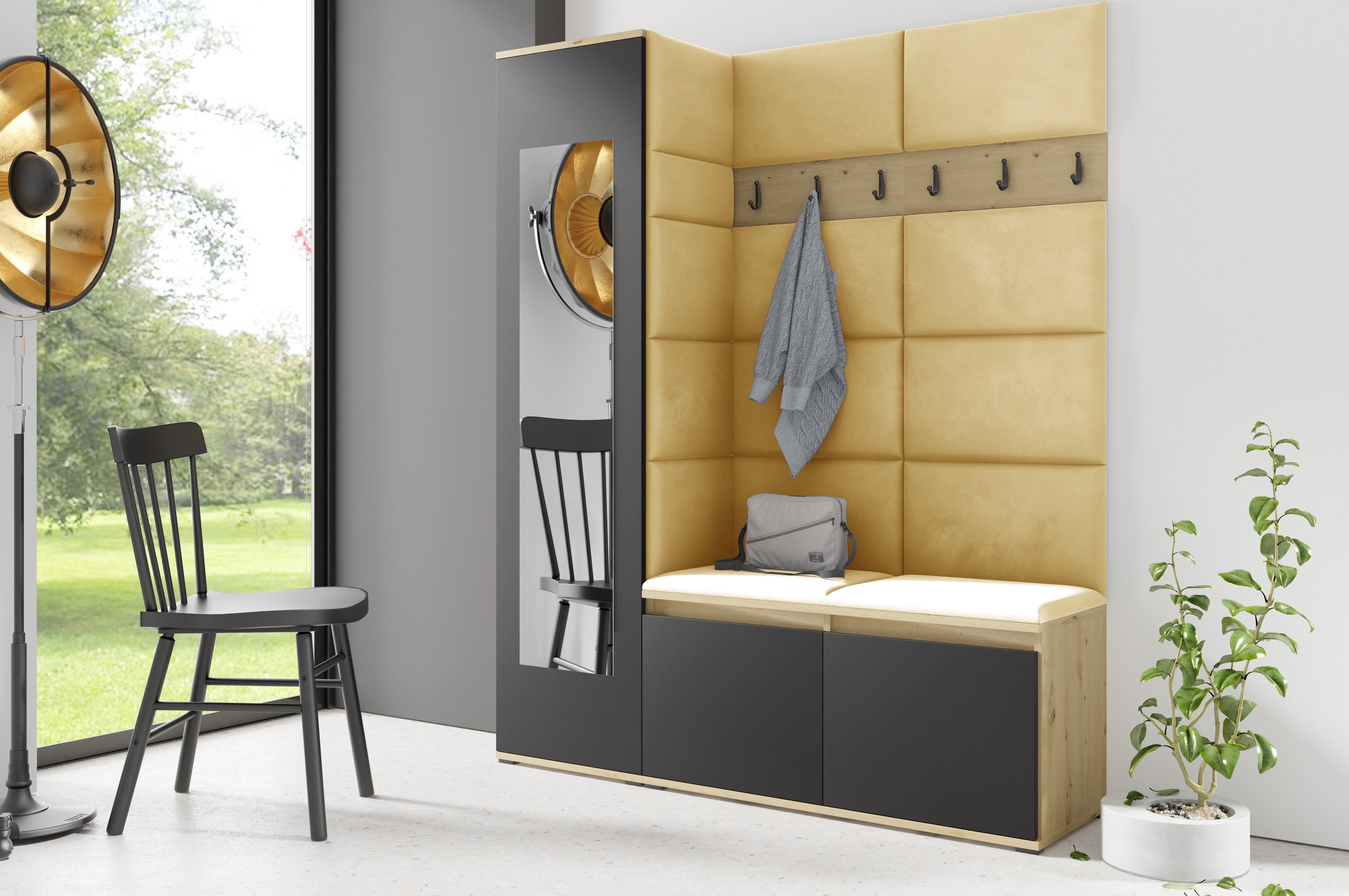 PK Emi 14 Flurgarderobe Artisan Eiche/Schwarz - Polsterpaneele in verschiedenen Farben