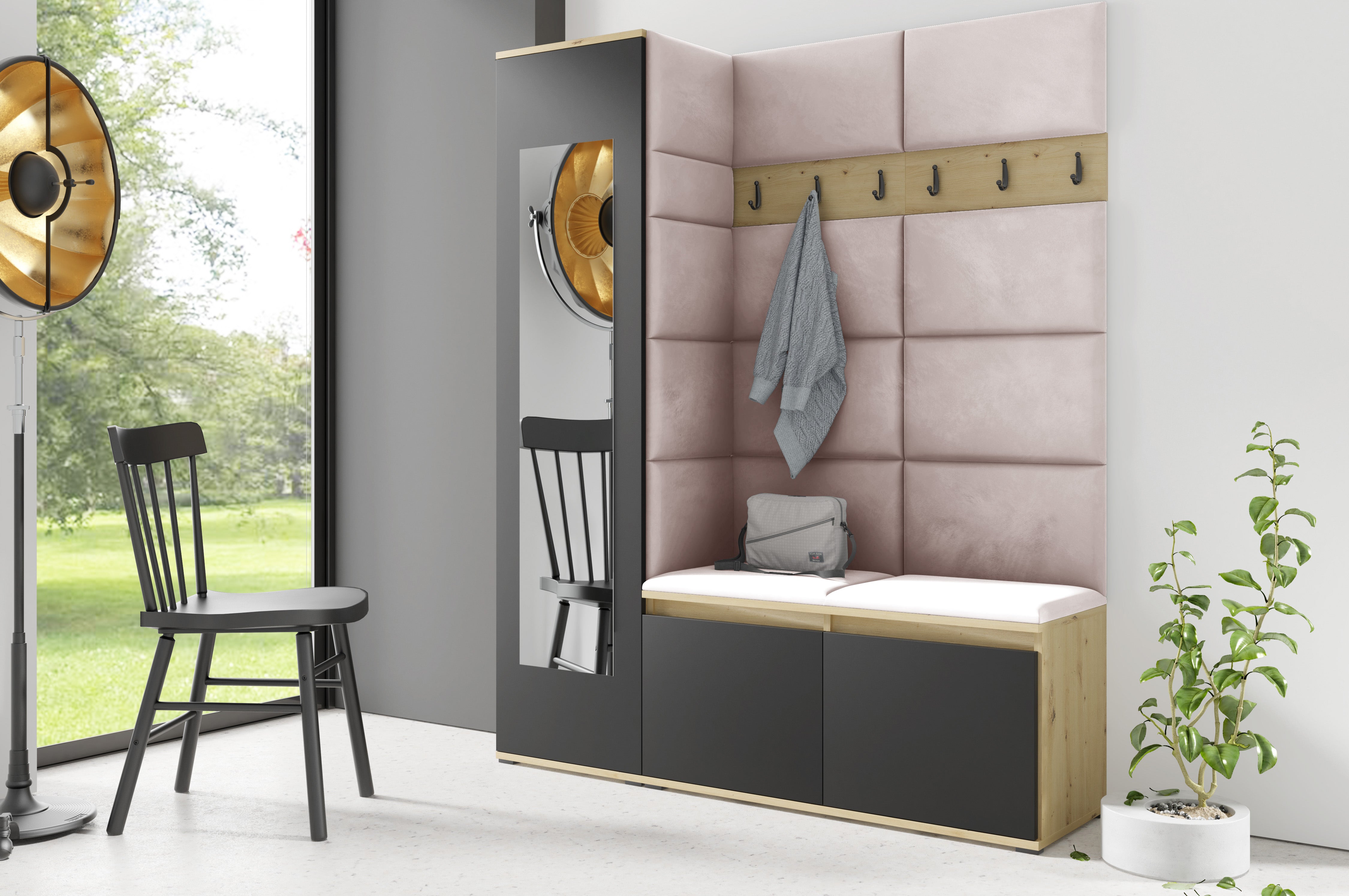 PK Emi 14 Flurgarderobe Artisan Eiche/Schwarz - Polsterpaneele in verschiedenen Farben